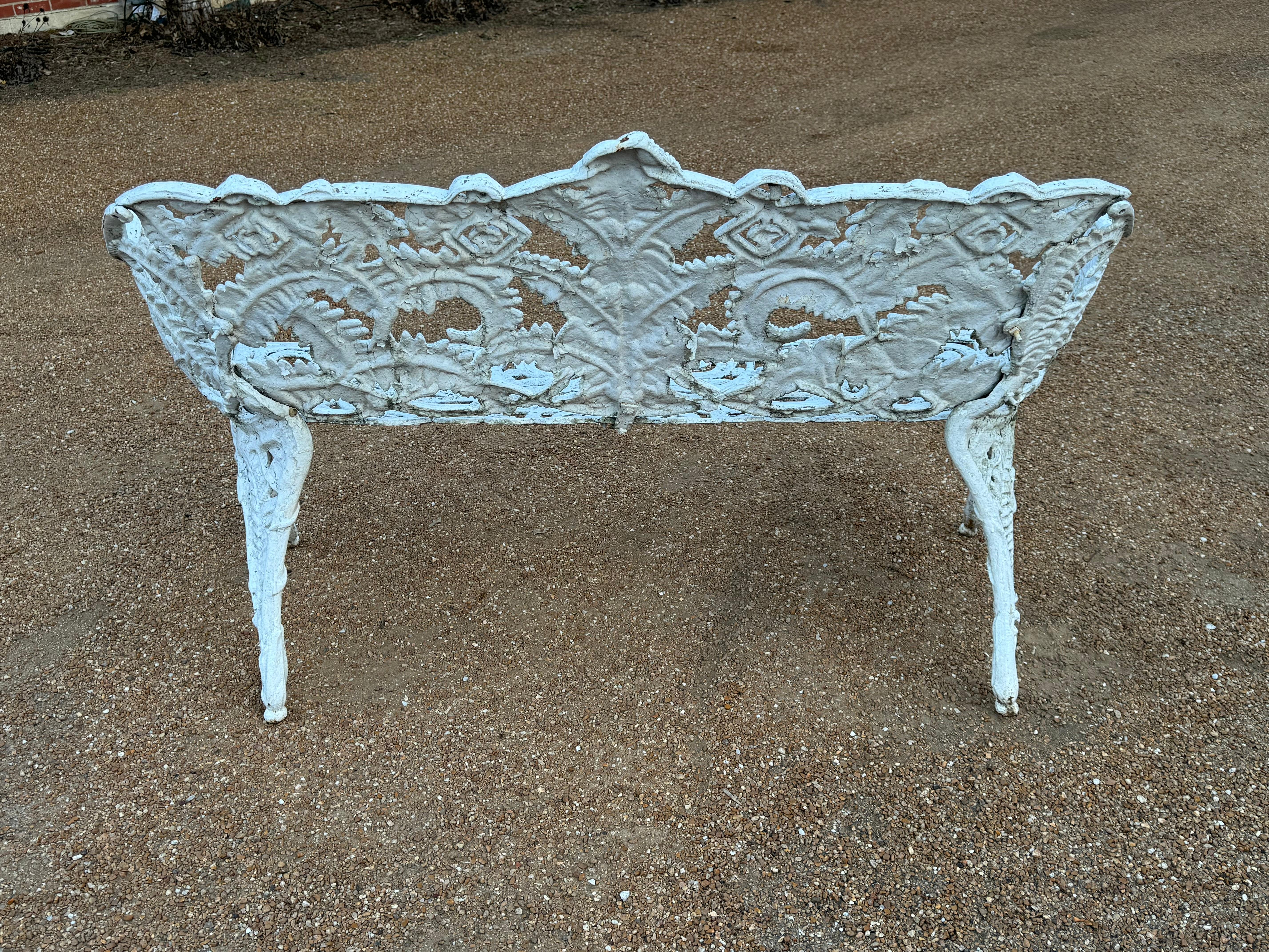 Antique Cast Iron - Painted White Fern & Blackberry Pattern Garden Bench-Settee For Sale 11