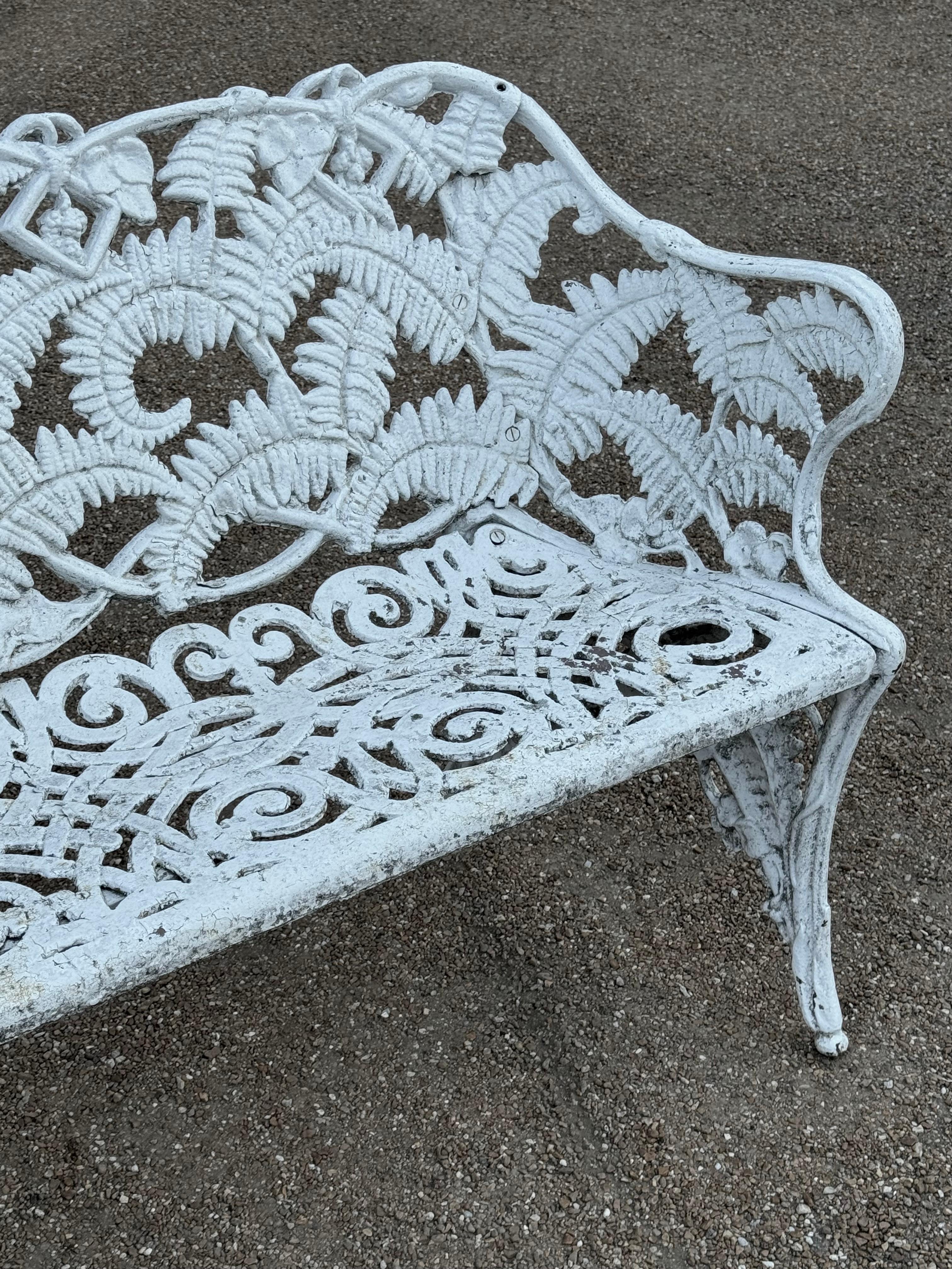 Late Victorian Antique Cast Iron - Painted White Fern & Blackberry Pattern Garden Bench-Settee For Sale