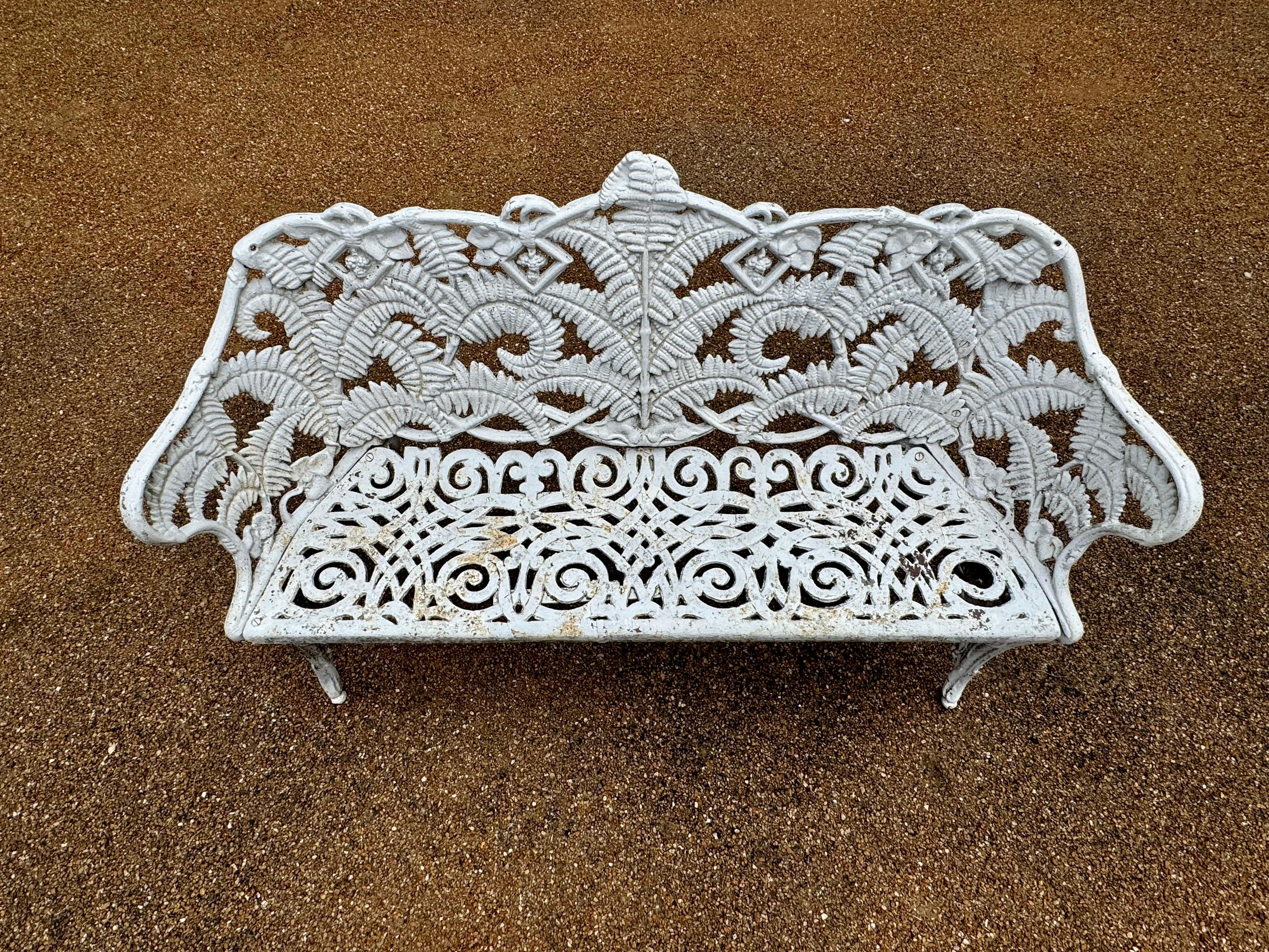Late Victorian Antique Cast Iron - Painted White Fern & Blackberry Pattern Garden Bench-Settee