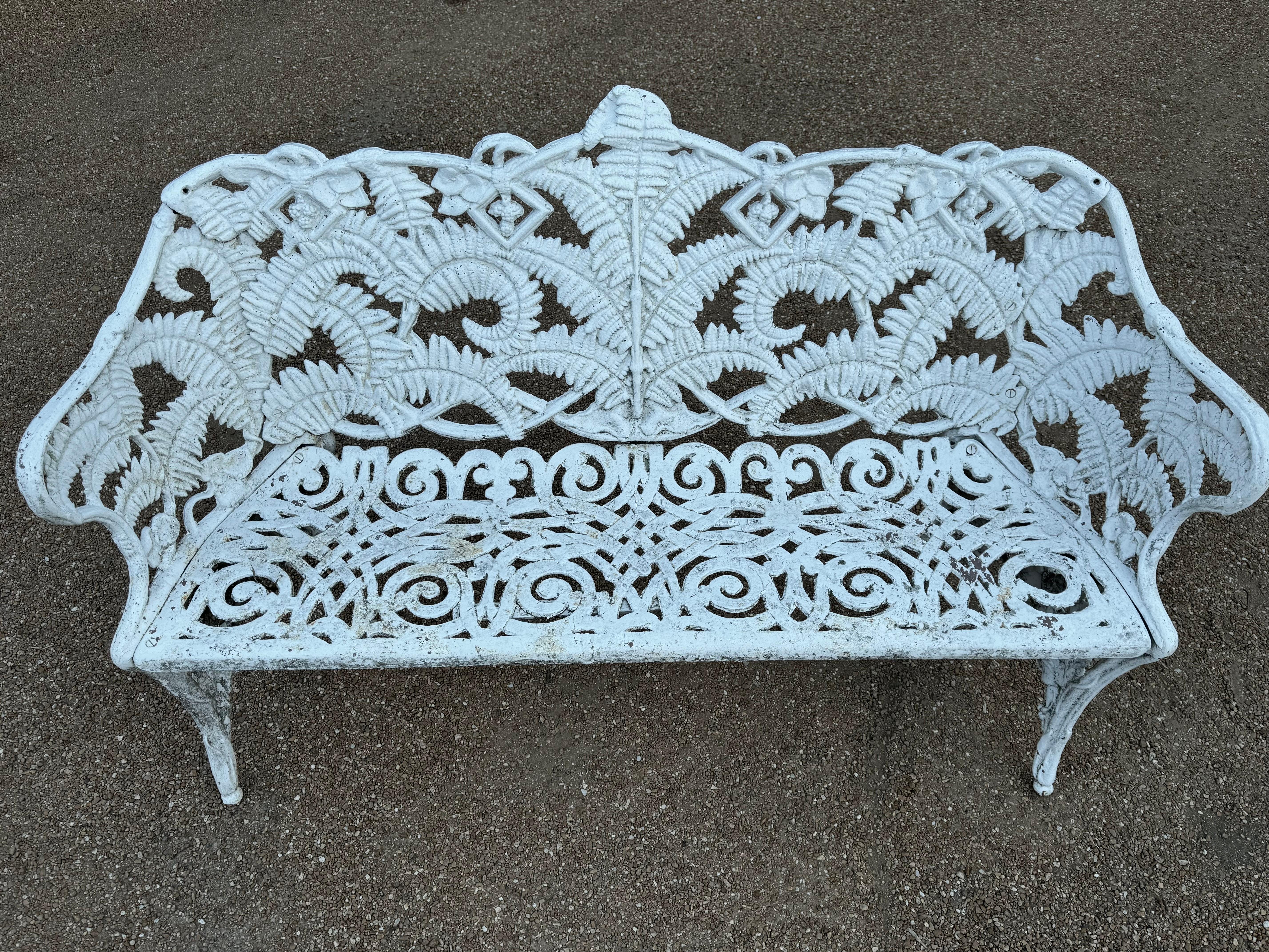 Antique Cast Iron - Painted White Fern & Blackberry Pattern Garden Bench-Settee For Sale 1