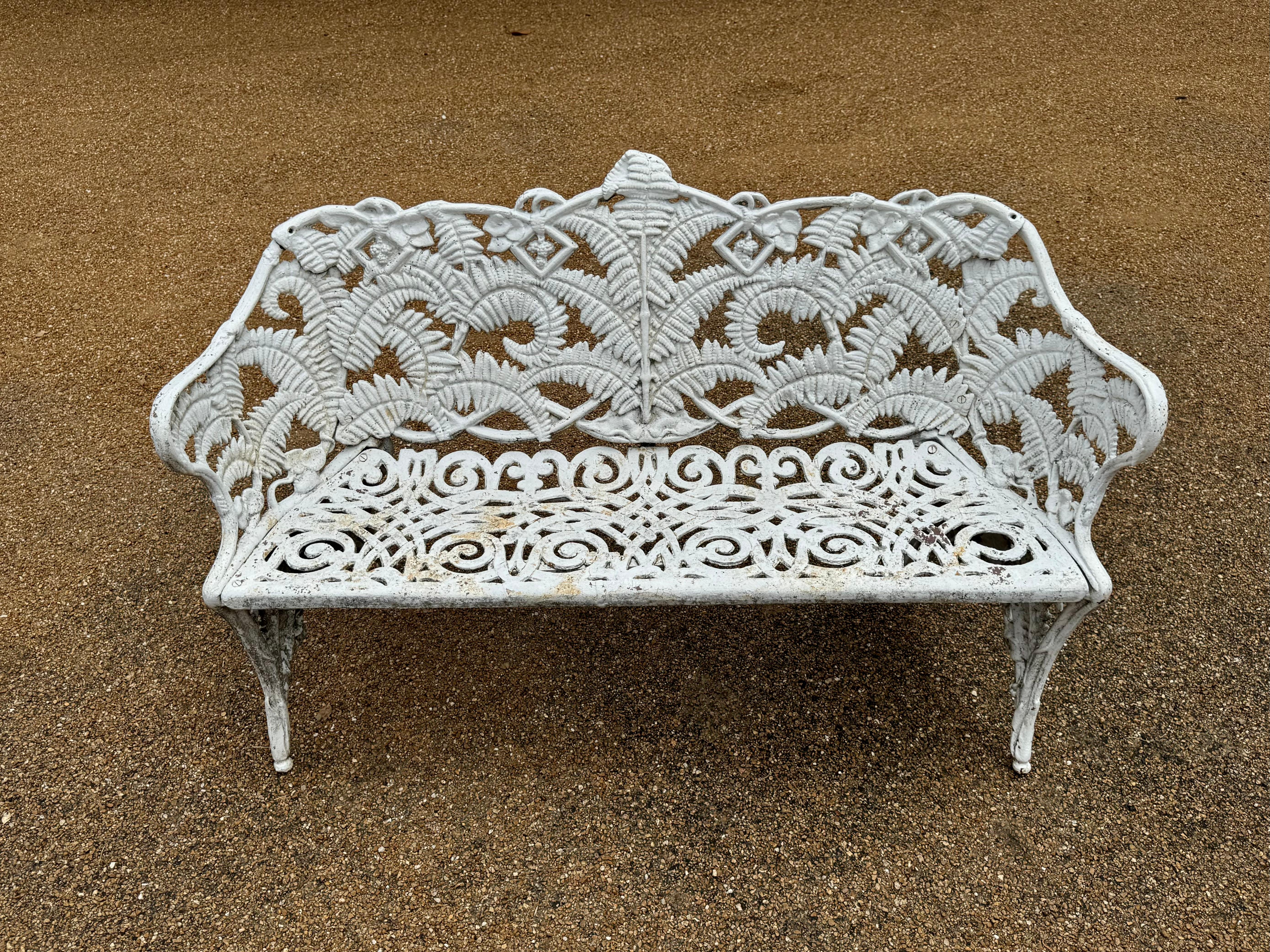 Antique Cast Iron - Painted White Fern & Blackberry Pattern Garden Bench-Settee For Sale 3