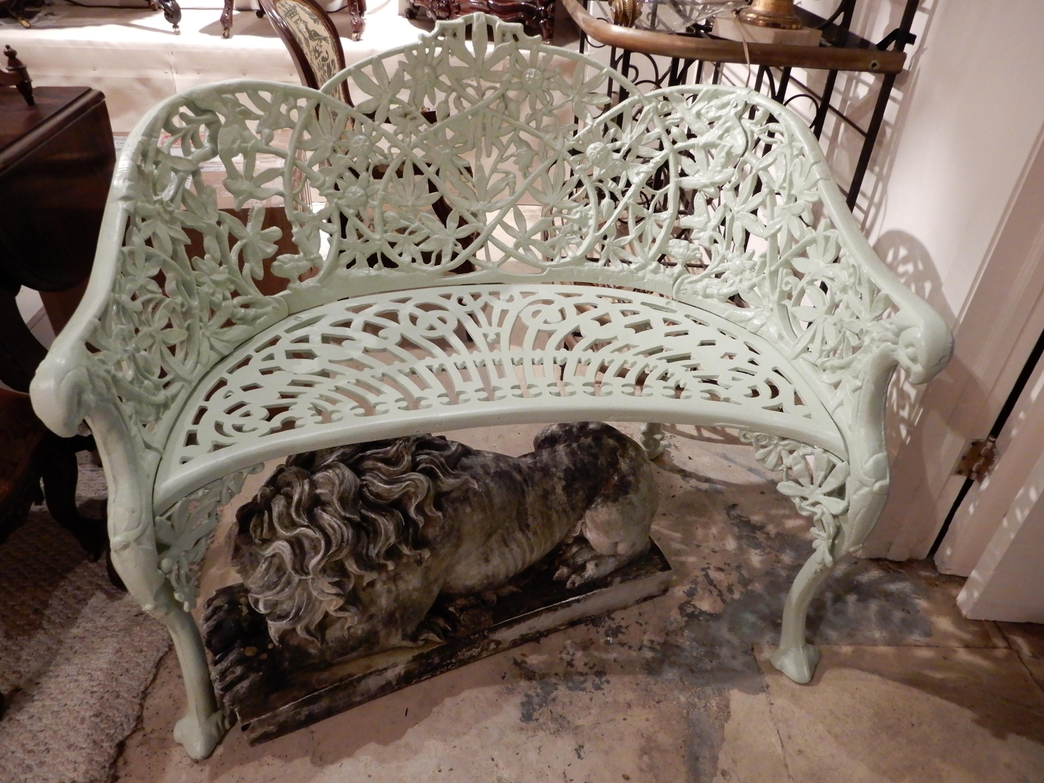 Pr Cast Iron Benches in Passion Flower pattern For Sale 6