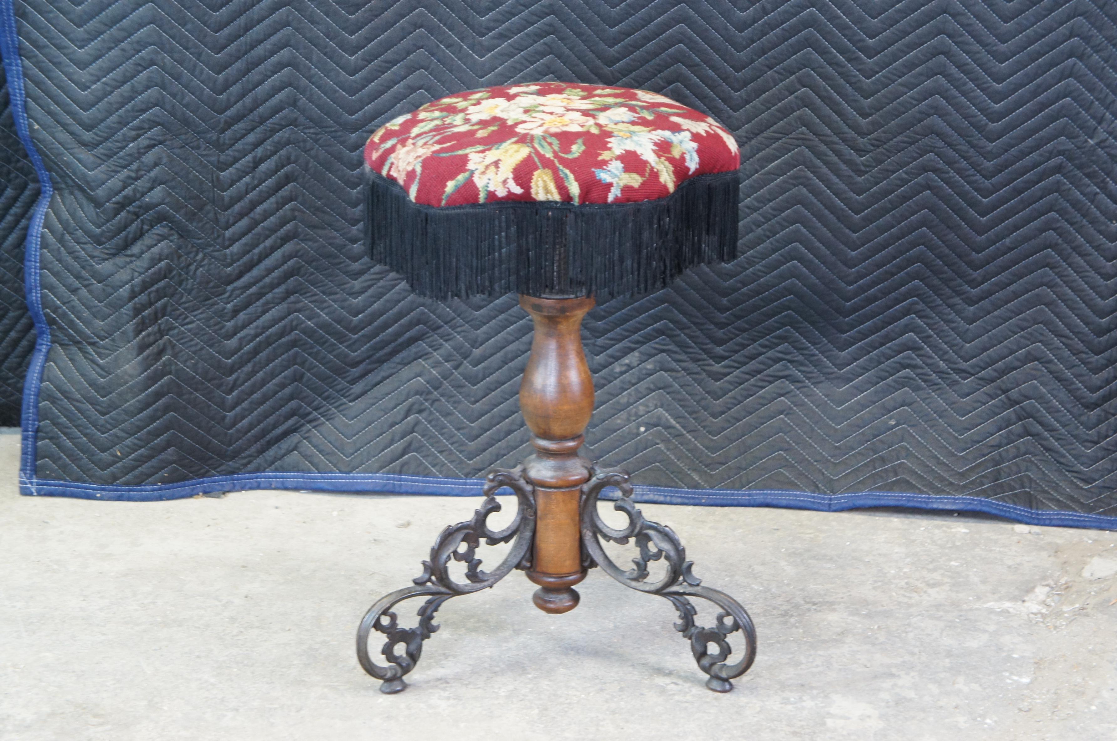 Antique Cast Iron Phoenix Needlepoint Fringe Piano Stool Bench Seat In Good Condition In Dayton, OH