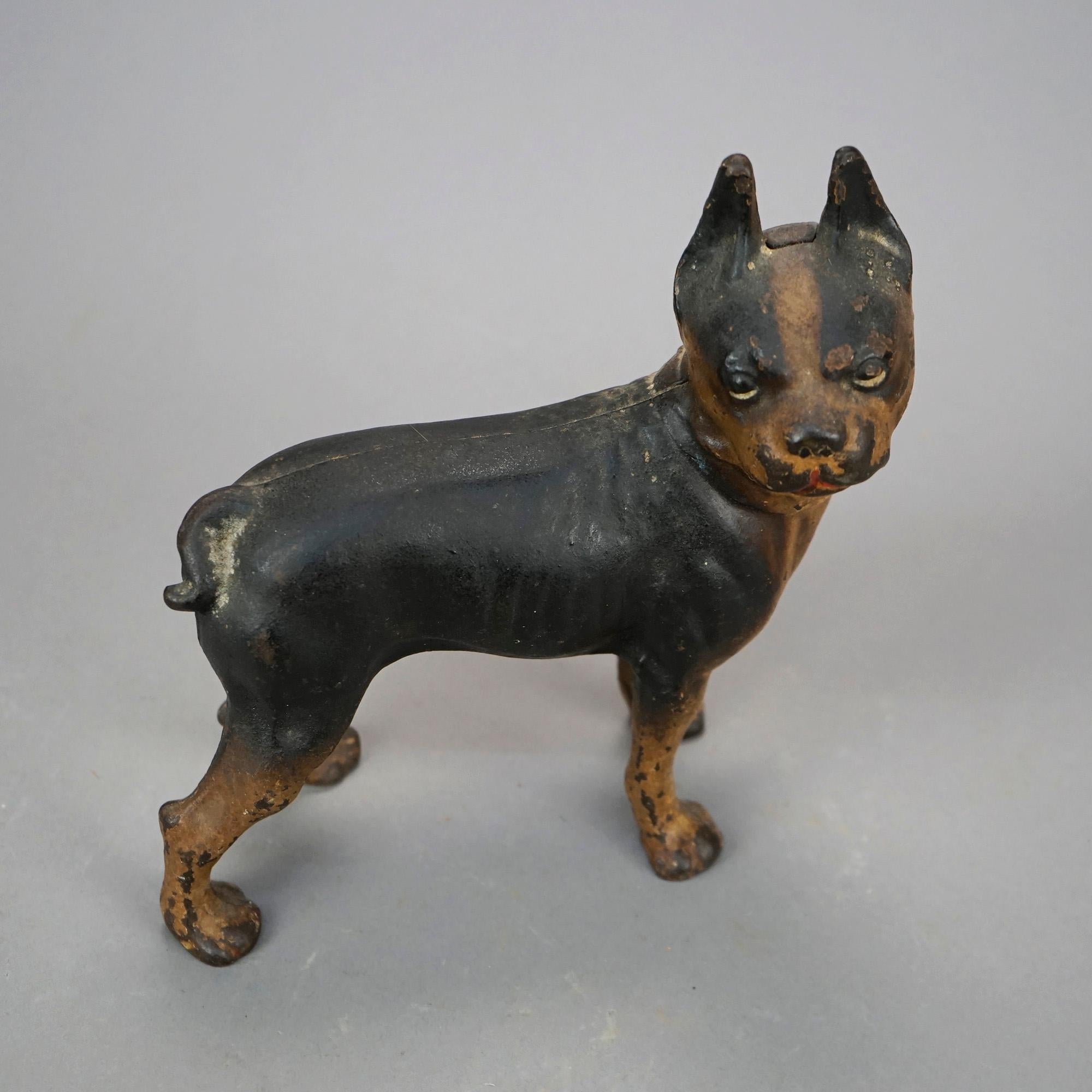 American Antique Cast Iron Polychromed Sculptural Bulldog Door Stop, Circa 1900