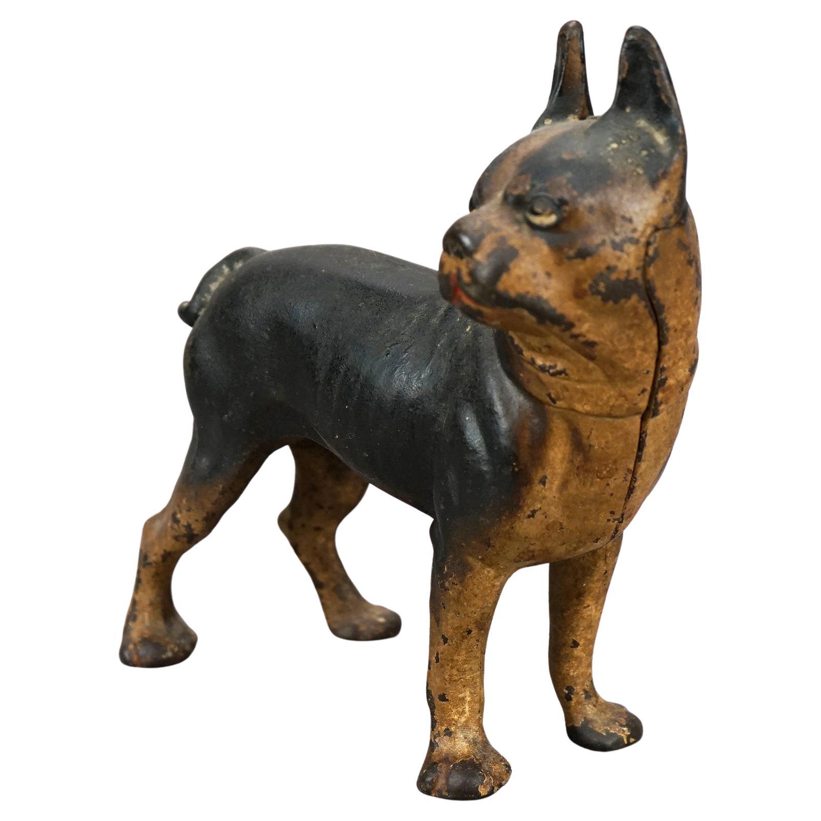 Antique Cast Iron Polychromed Sculptural Bulldog Door Stop, Circa 1900