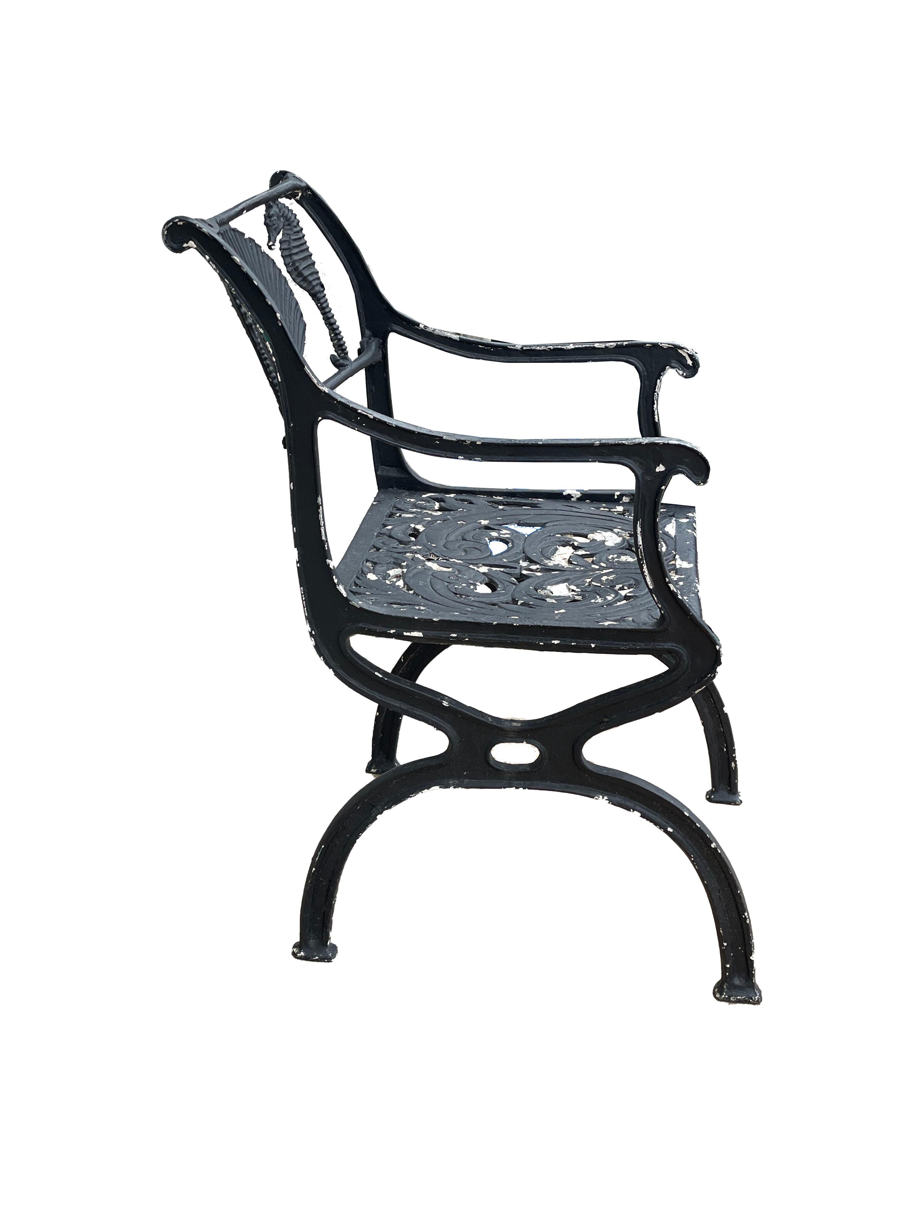 North American Antique Cast Iron Sea Horse Chairs by Molla, a Pair