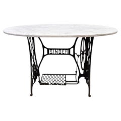 Antique Cast Iron Singer Treadle Sewing Machine Base Oval Marble Console Table