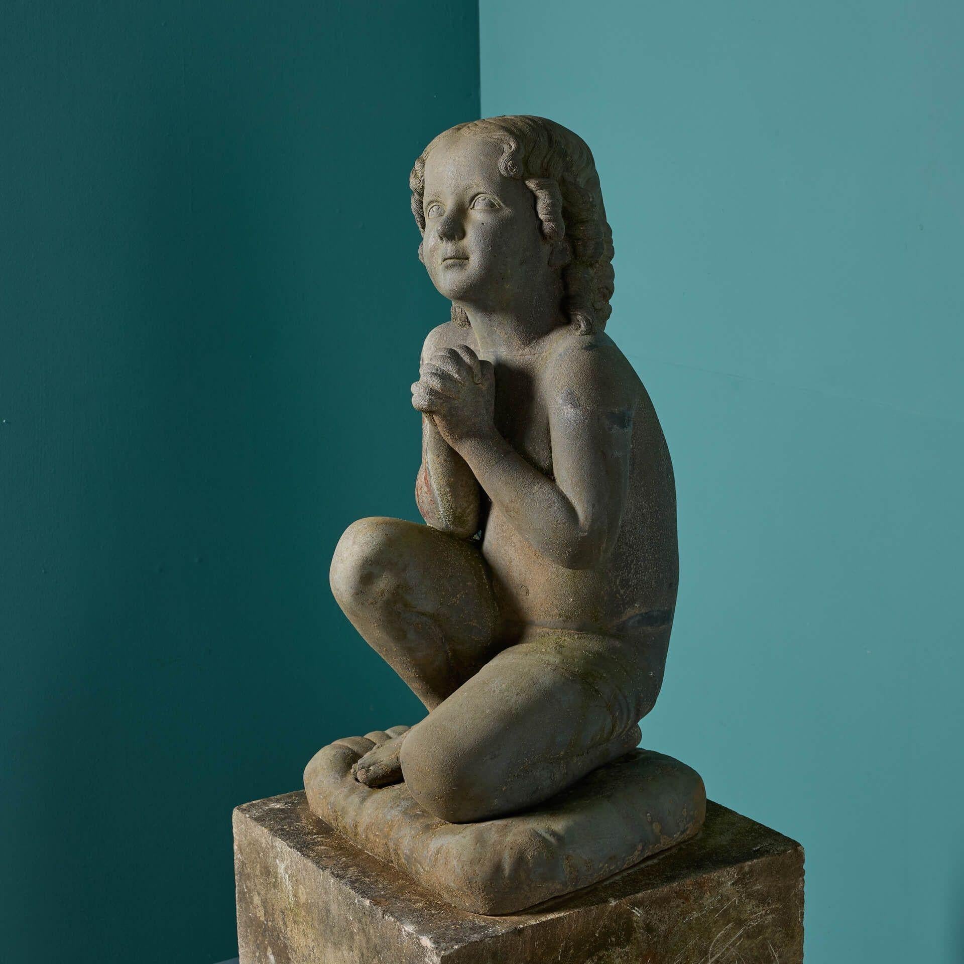 19th Century Antique Cast Iron Statue of a Praying Child For Sale