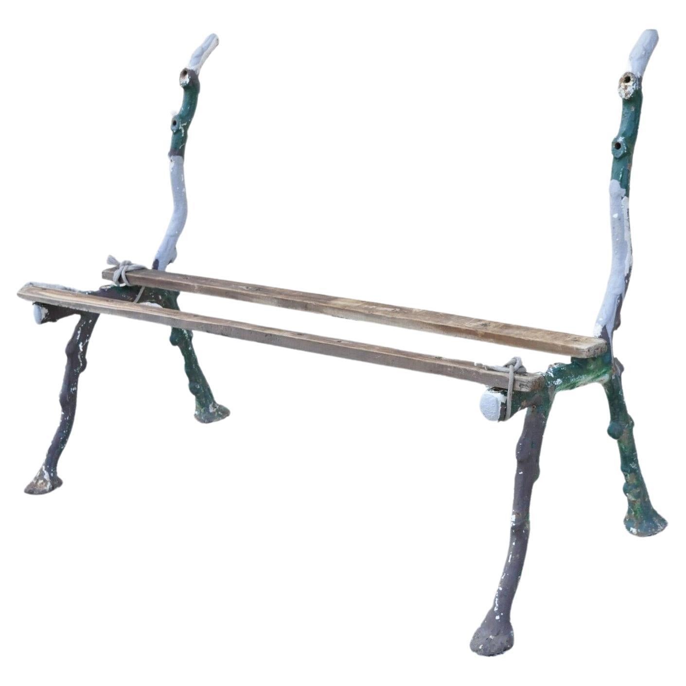 Paire de pieds de banc de jardin victorien en Faux Bois Branch White Twig, Antique Cast Iron