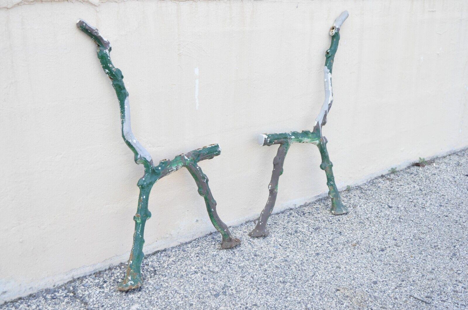 Antique Cast Iron Victorian Faux Bois Green Branch Twig Garden Bench Legs, Pair For Sale 3