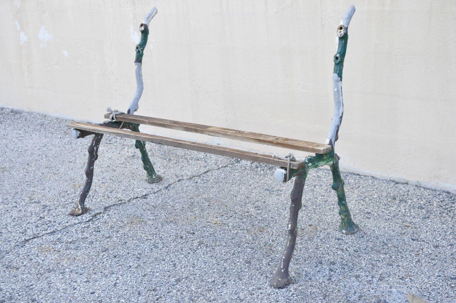 Antique Cast Iron Victorian Faux Bois Green Branch Twig Garden Bench Legs, Pair For Sale 4