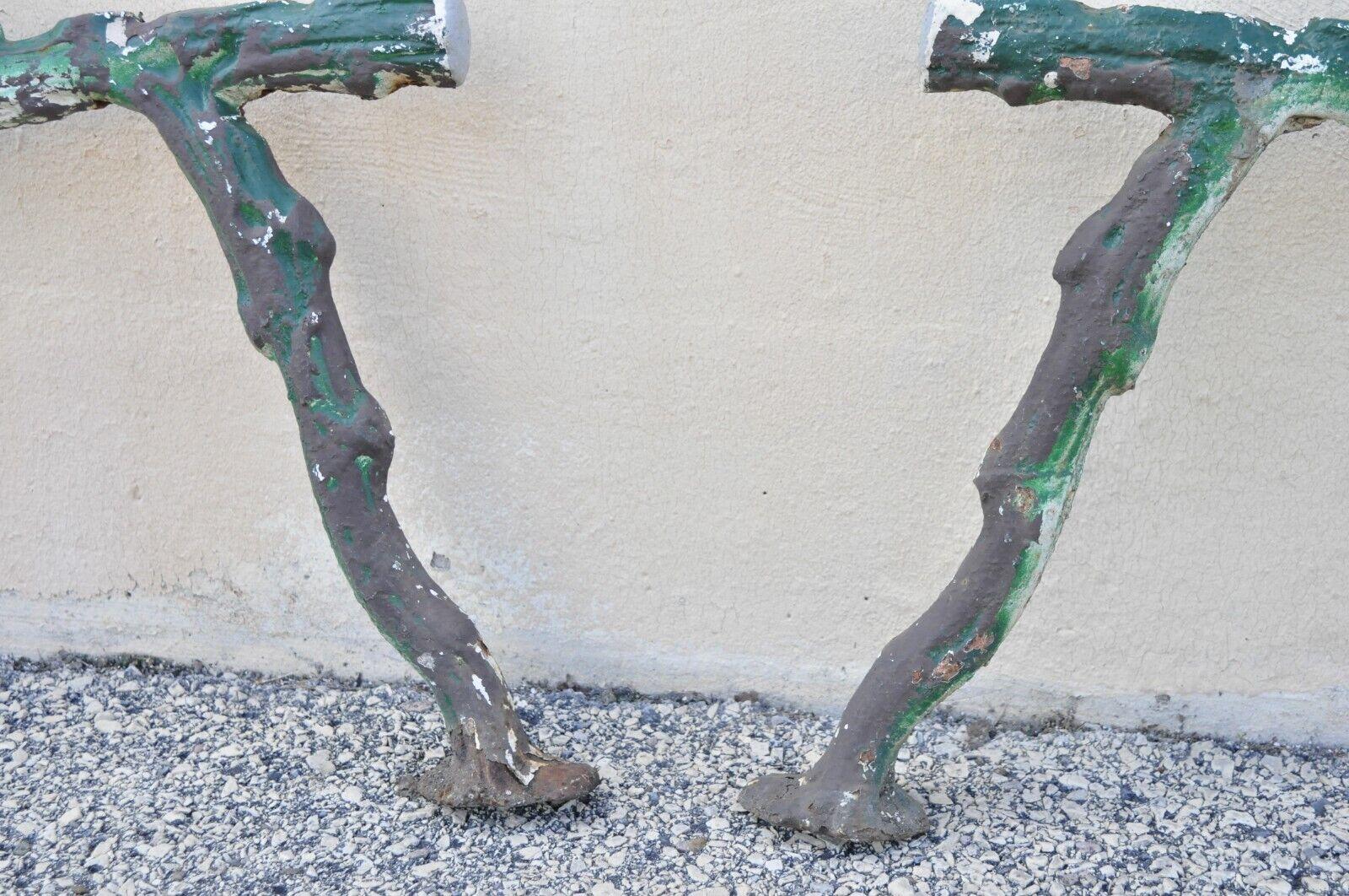 Antique Cast Iron Victorian Faux Bois Green Branch Twig Garden Bench Legs, Pair For Sale 2