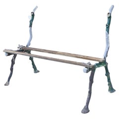 Used Cast Iron Victorian Faux Bois Green Branch Twig Garden Bench Legs, Pair