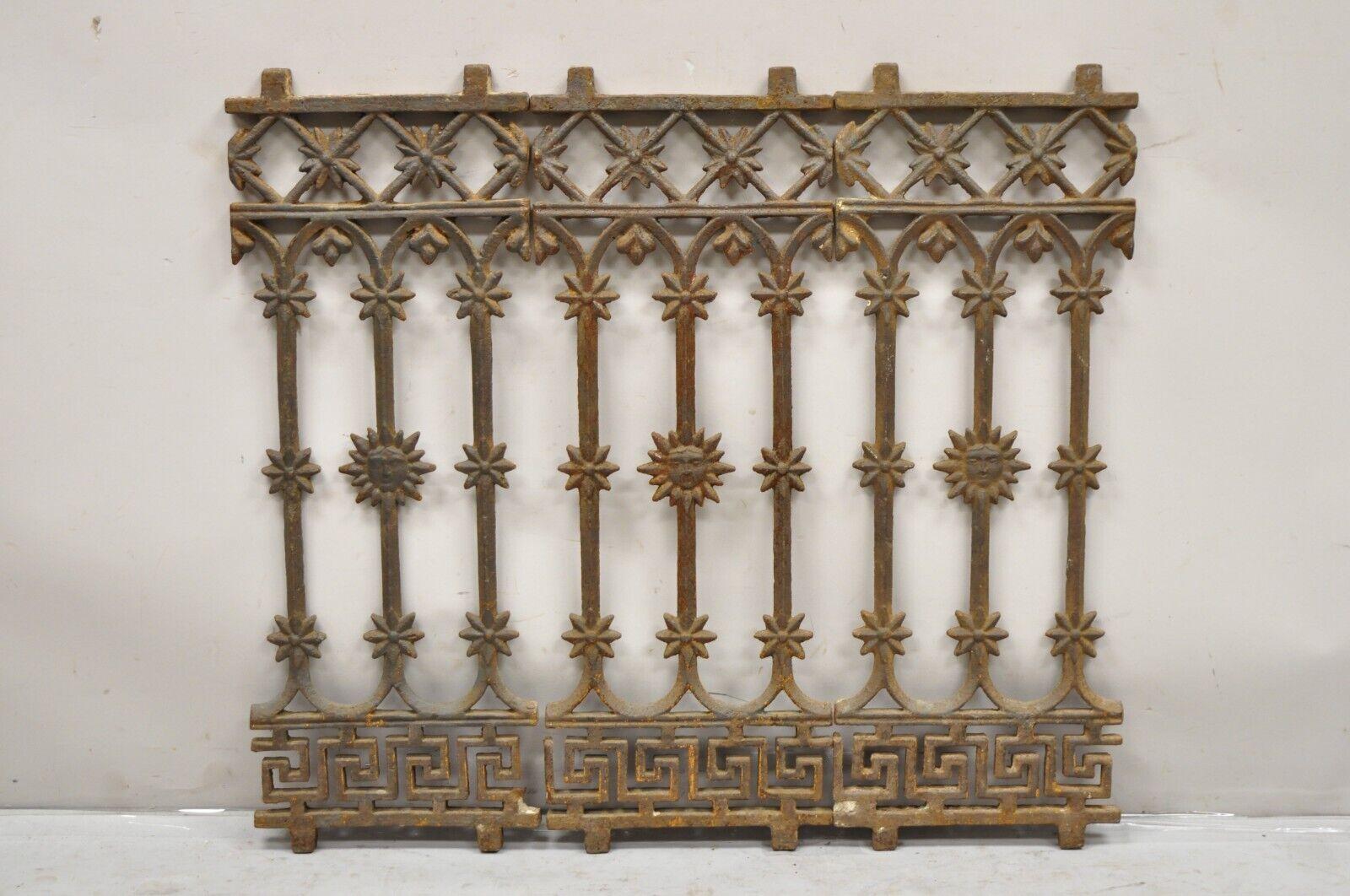 Antique Cast Iron Victorian Greek Key Sun Face Garden Fence Gate Decor - Each. Item features. Multiple quantity available. Price is per piece. Each gate approximately 30lbs. Believed to be Early 1900s. Measurements: 32