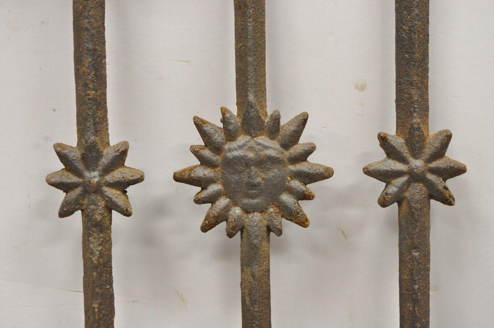 Early 20th Century Antique Cast Iron Victorian Greek Key Sun Face Garden Fence Gate Decor - Each For Sale