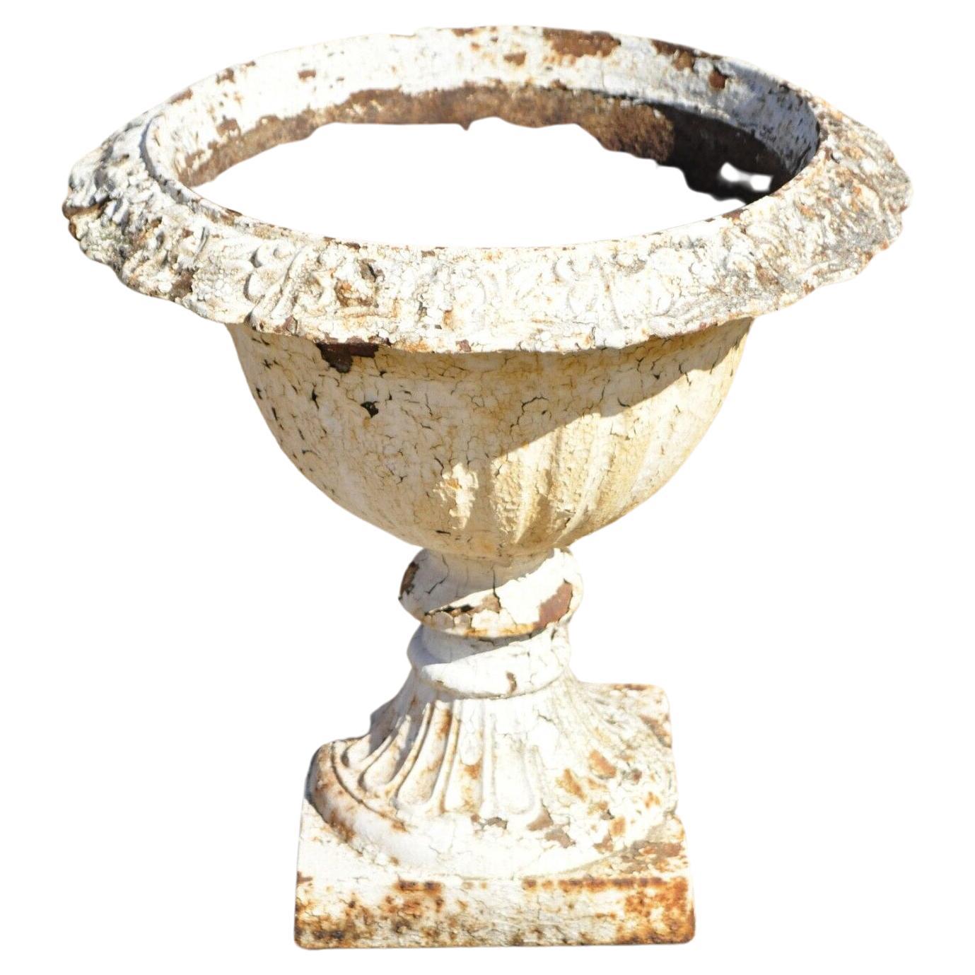 Antique Cast Iron Victorian White Painted Garden Urn Planter Pot