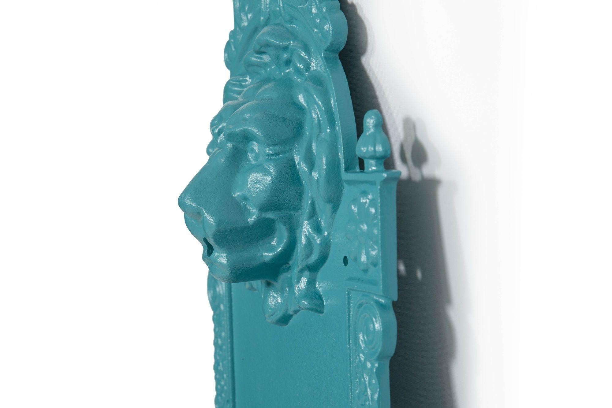 Antique Cast Iron Wall-Mounted Teal Painted Garden Fountain with Lion Mask For Sale 7