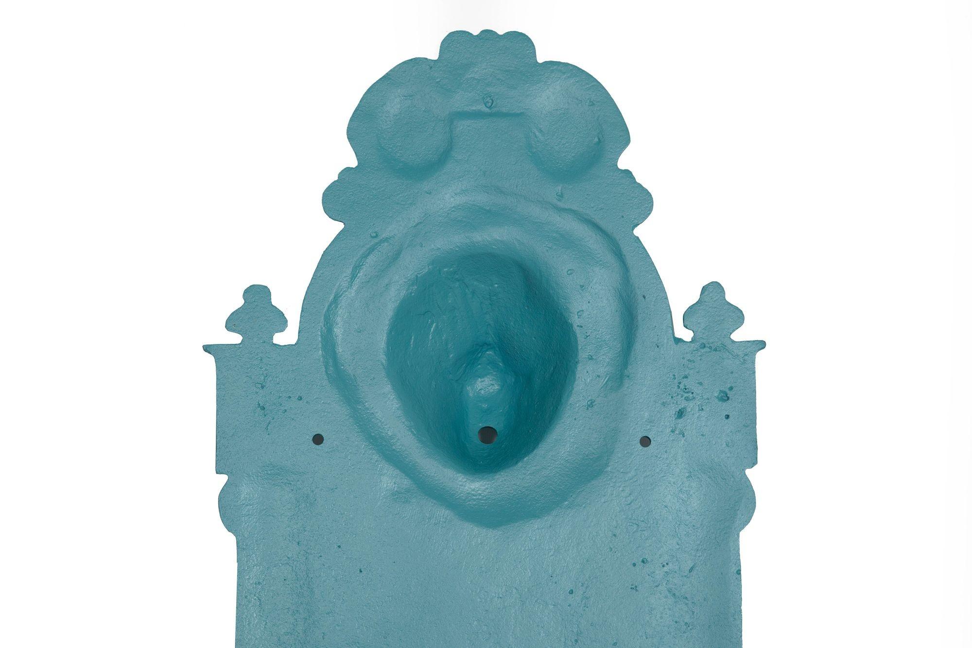Antique Cast Iron Wall-Mounted Teal Painted Garden Fountain with Lion Mask For Sale 9