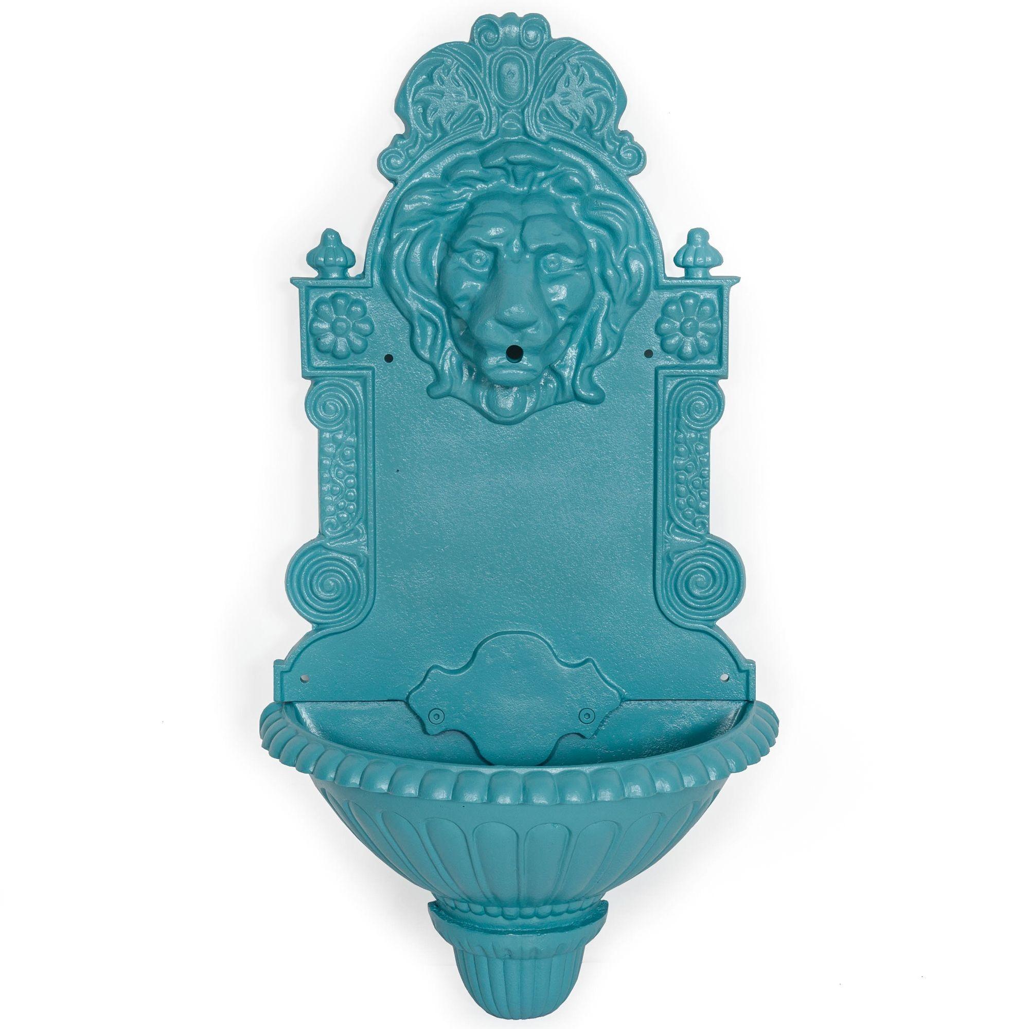 CAST IRON WALL-MOUNTED GARDEN FOUNTAIN WITH A LION'S MASK
Circa early 20th century with later teal painted surface

30 3/8