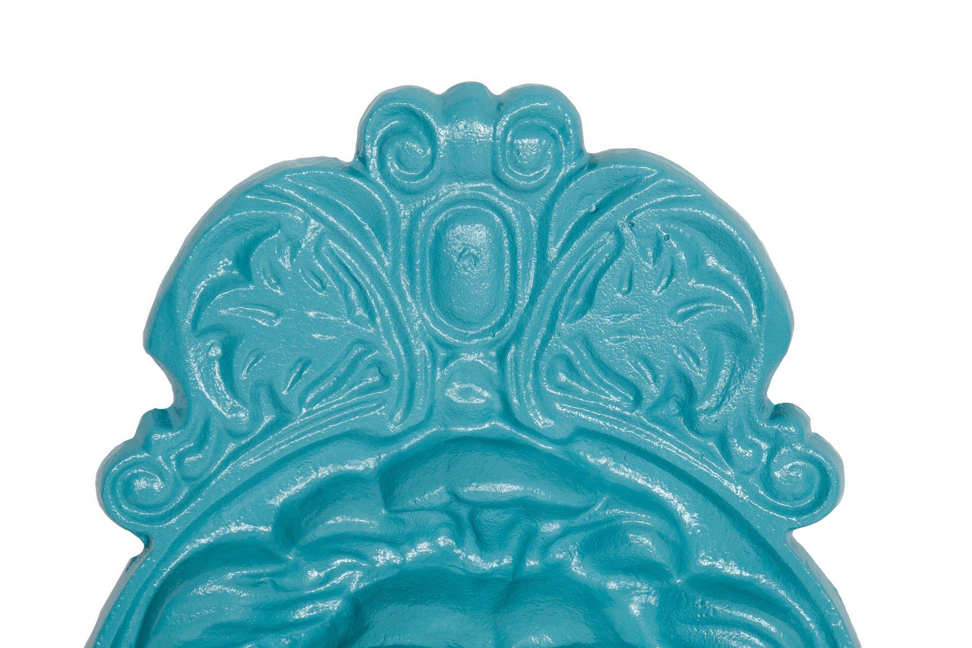20th Century Antique Cast Iron Wall-Mounted Teal Painted Garden Fountain with Lion Mask For Sale