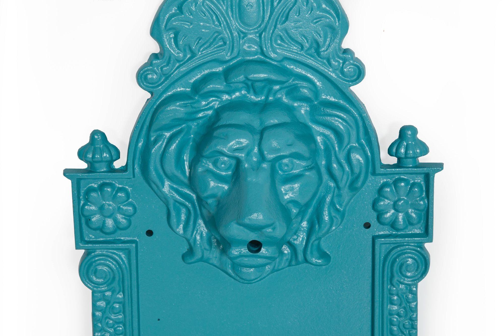 Antique Cast Iron Wall-Mounted Teal Painted Garden Fountain with Lion Mask For Sale 1