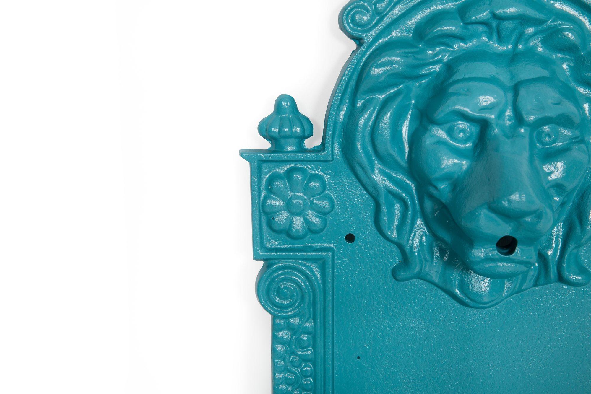 Antique Cast Iron Wall-Mounted Teal Painted Garden Fountain with Lion Mask For Sale 4