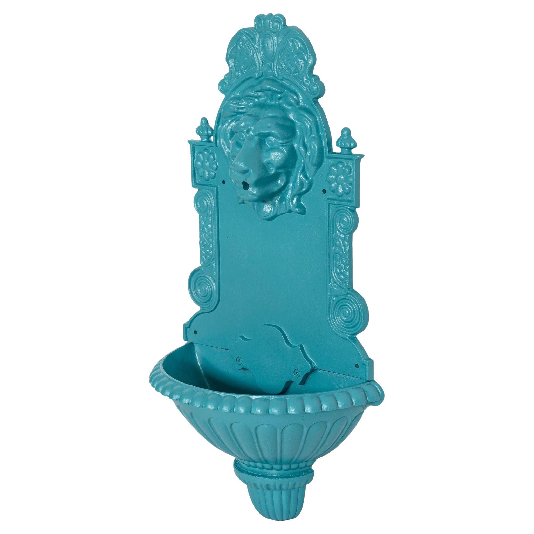 Antique Cast Iron Wall-Mounted Teal Painted Garden Fountain with Lion Mask For Sale