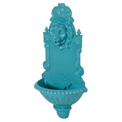Antique Cast Iron Wall-Mounted Teal Painted Garden Fountain with Lion Mask