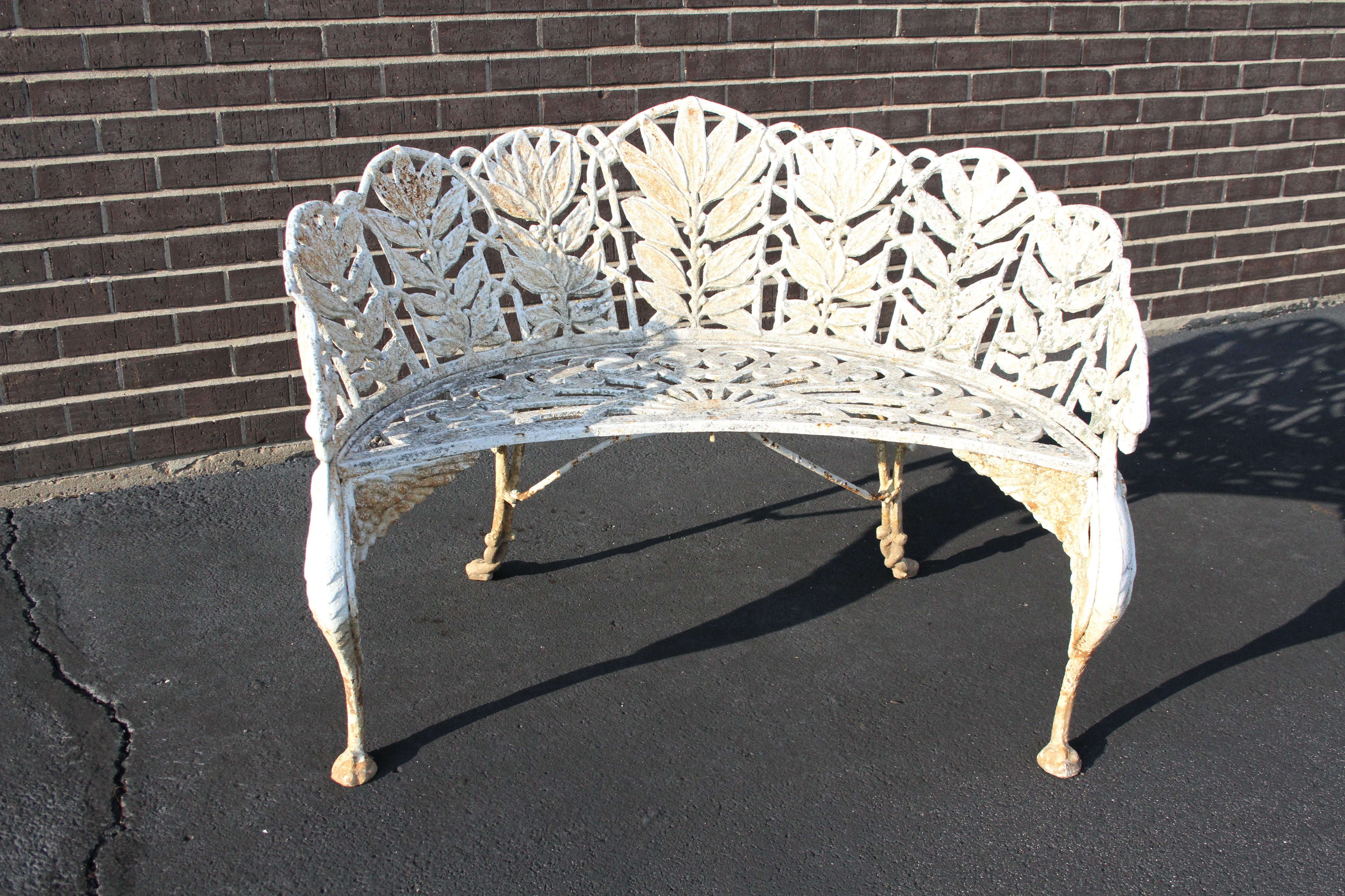 Late Victorian Antique Cast Iron White Laurel Pattern Griffin Patio, Garden Bench, or Settee