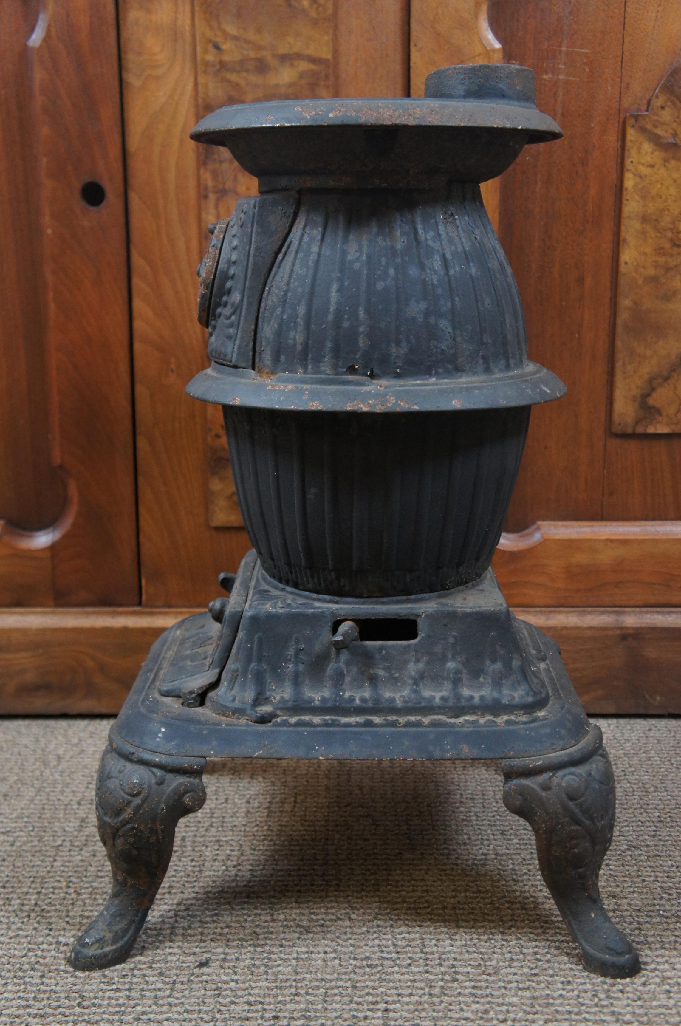 19th Century Antique Cast Iron Wood Burning Pot Belly Stove Railroad Sad Iron Stove Hook