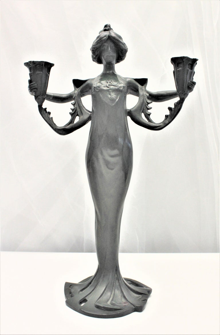 Antique Cast Metal Art Nouveau Figural Candle Holder of a Robed Female