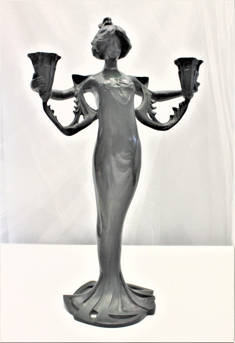 Antique Cast Metal Art Nouveau Figural Candle Holder of a Robed Female