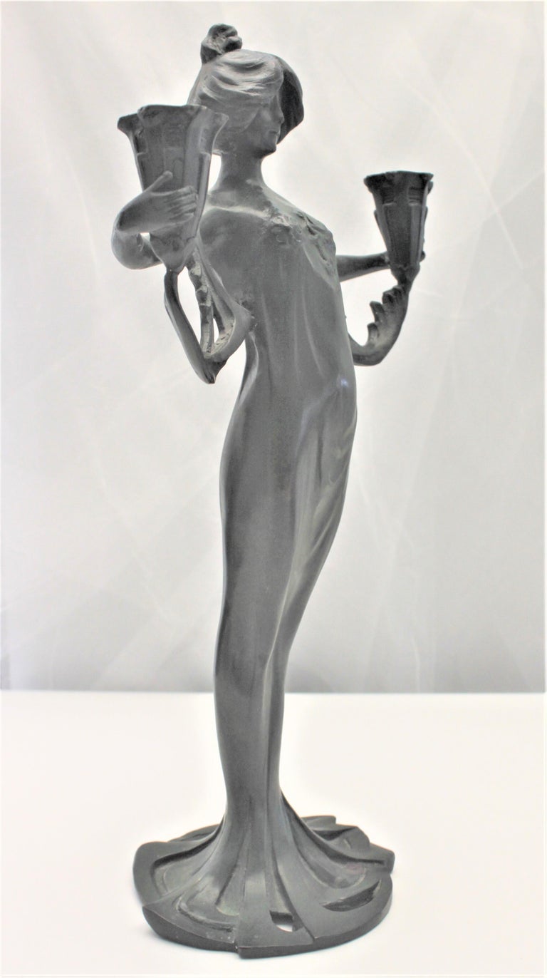 Antique Cast Metal Art Nouveau Figural Candle Holder of a Robed Female