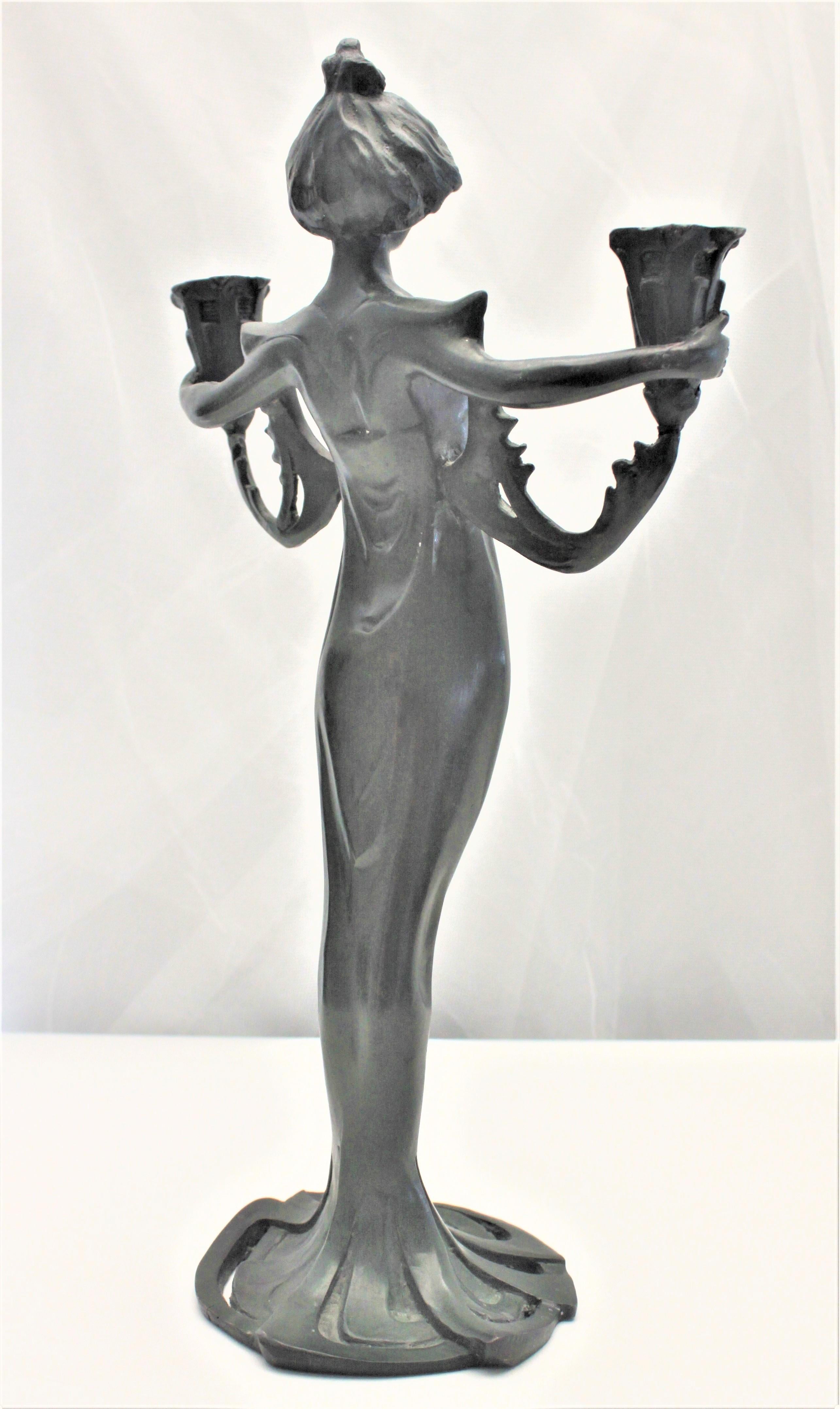 Antique Cast Metal Art Nouveau Figural Candle Holder of a Robed Female In Good Condition In Hamilton, Ontario