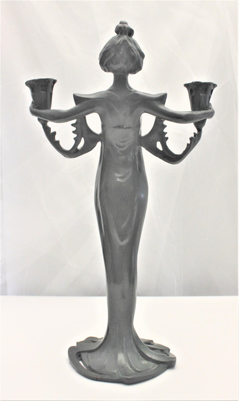 Antique Cast Metal Art Nouveau Figural Candle Holder of a Robed Female