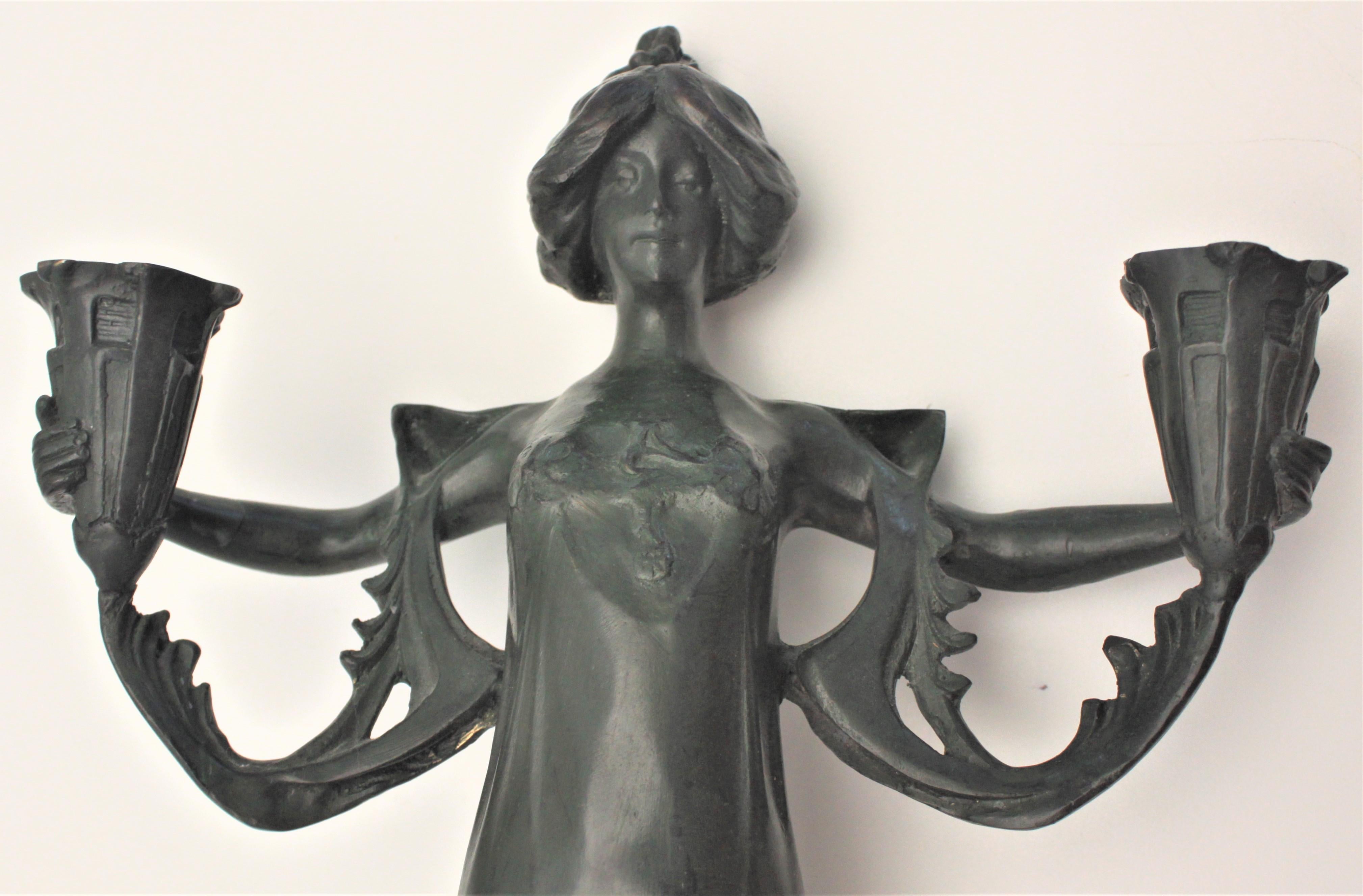 Antique Cast Metal Art Nouveau Figural Candle Holder of a Robed Female 3