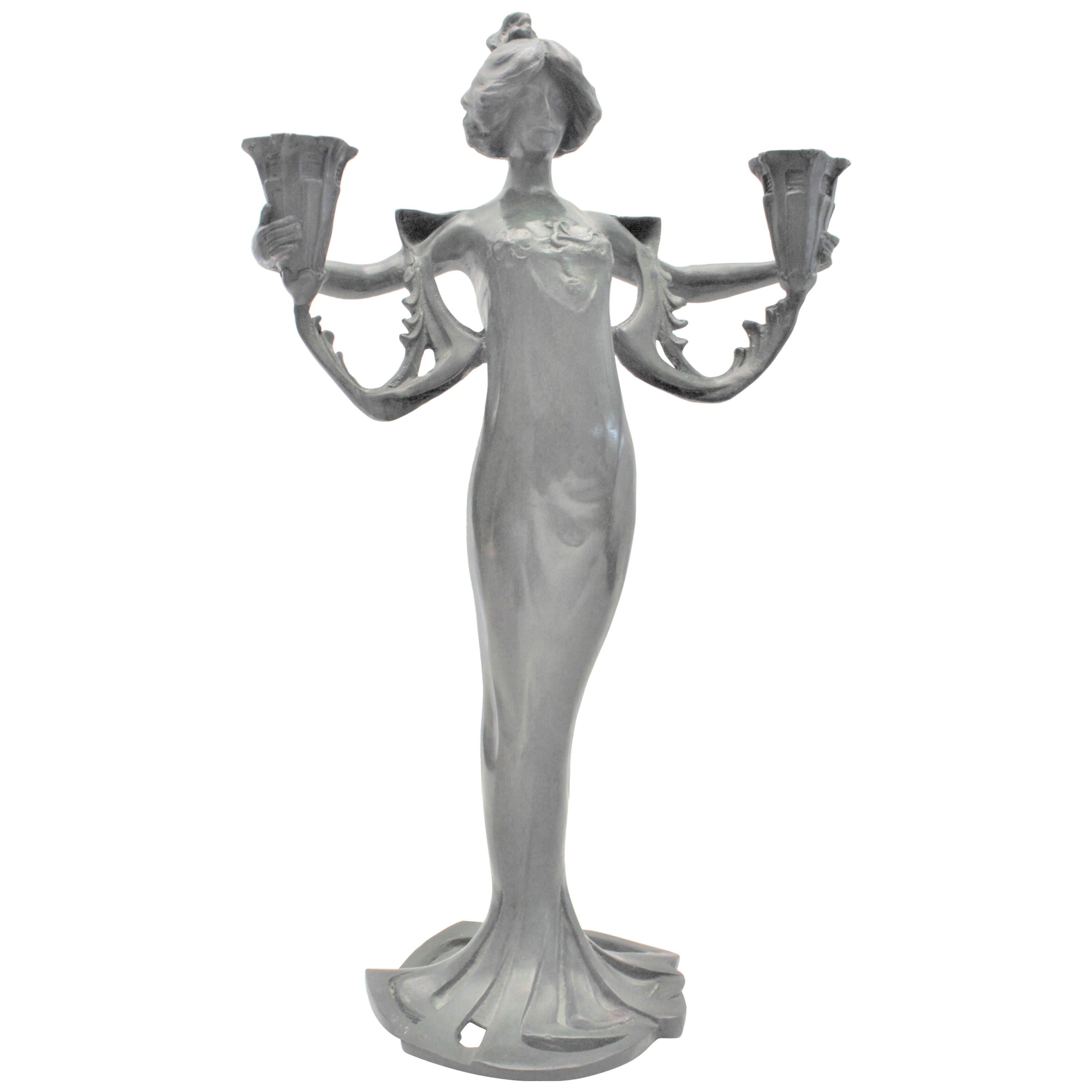 Antique Cast Metal Art Nouveau Figural Candle Holder of a Robed Female