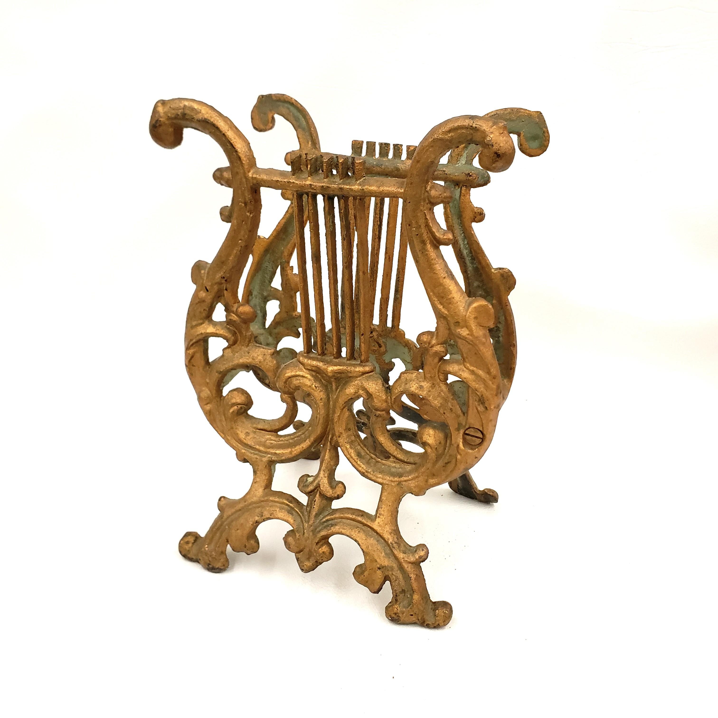 Art Deco Antique Cast Metal Figural Lyre Shaped Sheet Music or Book Stand For Sale