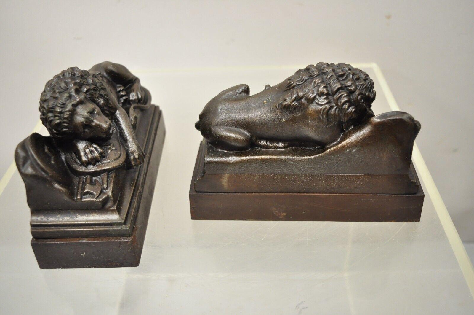 Antique Cast Metal French Renaissance Style Lucerne Lion Bookends, a Pair In Good Condition In Philadelphia, PA