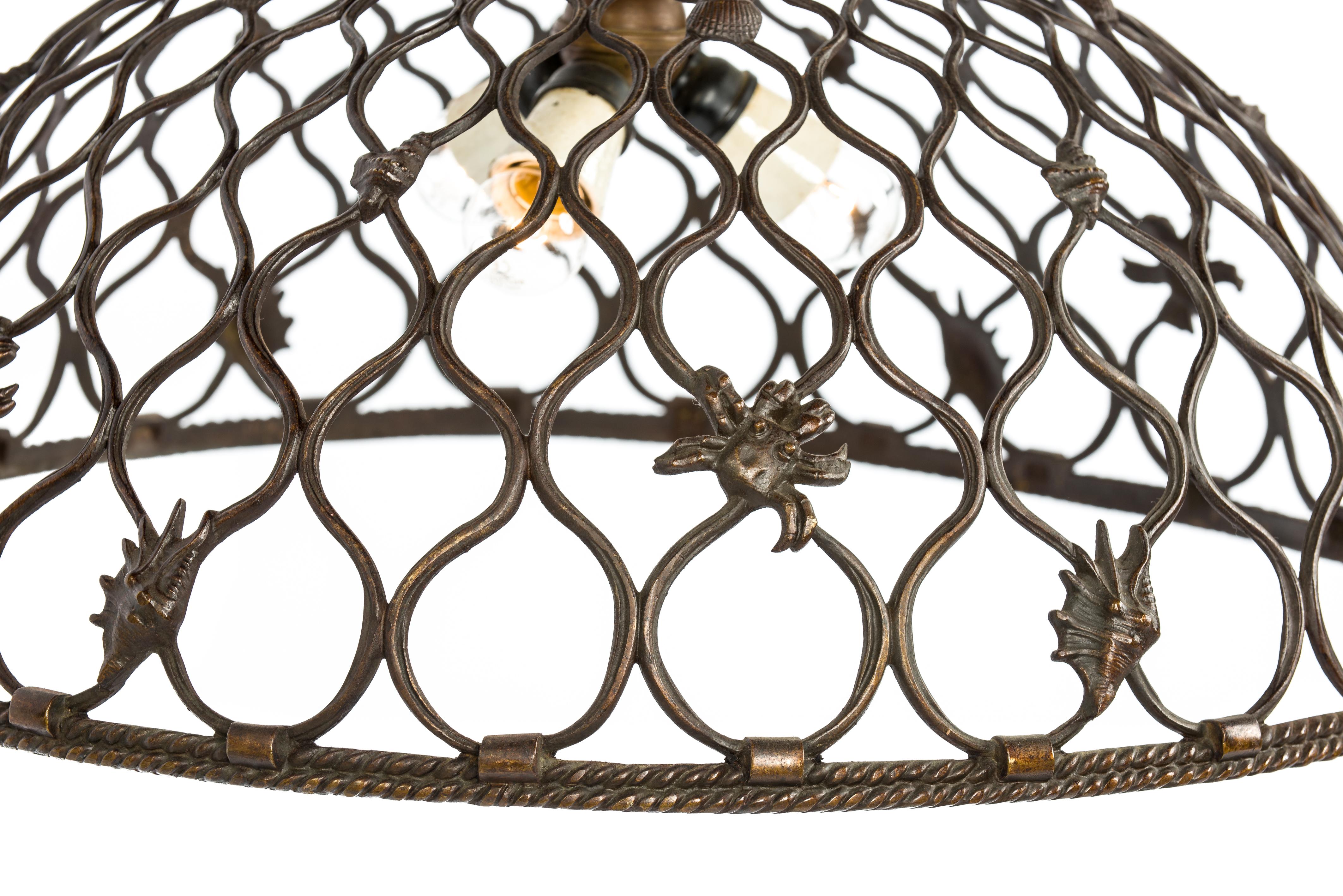 Antique Cast Patinated Bronze Pendant or Chandelier with Crabs and Shells In Good Condition For Sale In Casteren, NL