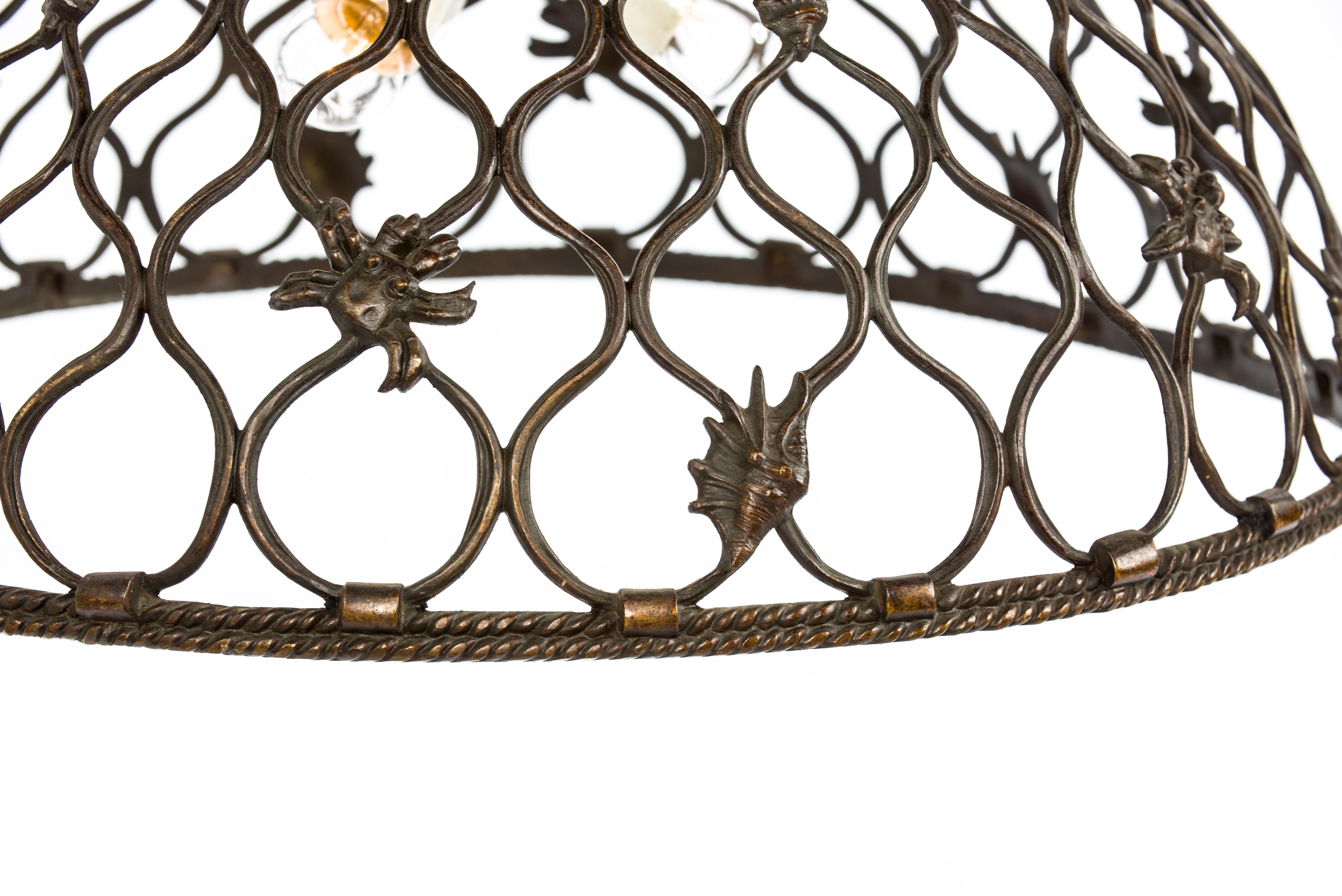 20th Century Antique Cast Patinated Bronze Pendant or Chandelier with Crabs and Shells For Sale