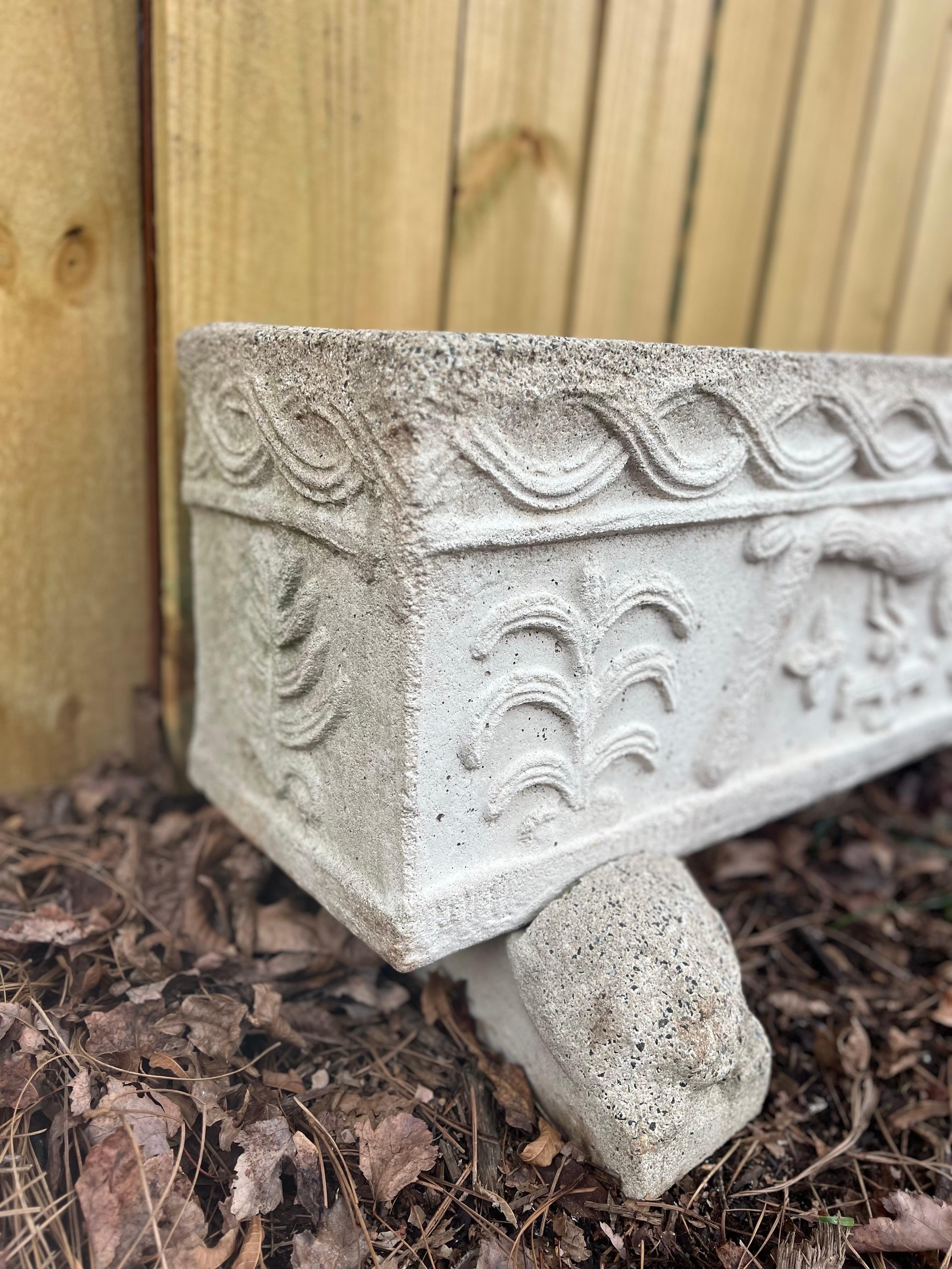 French Antique Cast Rectangular Carved Trough Planter on Lion Feet For Sale