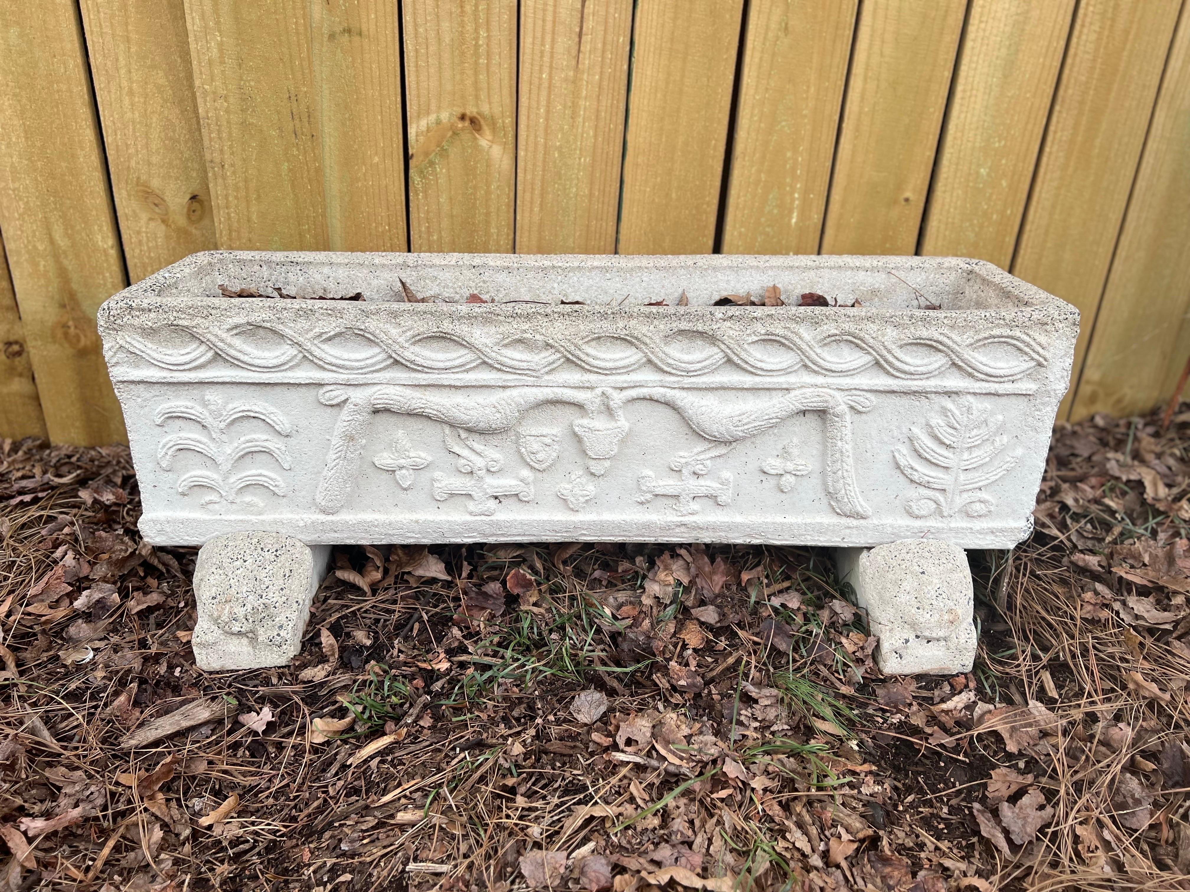 Cast Stone Antique Cast Rectangular Carved Trough Planter on Lion Feet For Sale