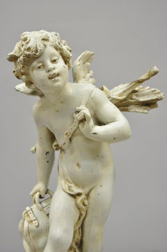 Antique Cast Spelter Metal French Cupid Angel Statue Sculpture Signed Moreau