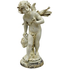 Antique Cast Spelter Metal French Cupid Angel Statue Sculpture Signed Moreau