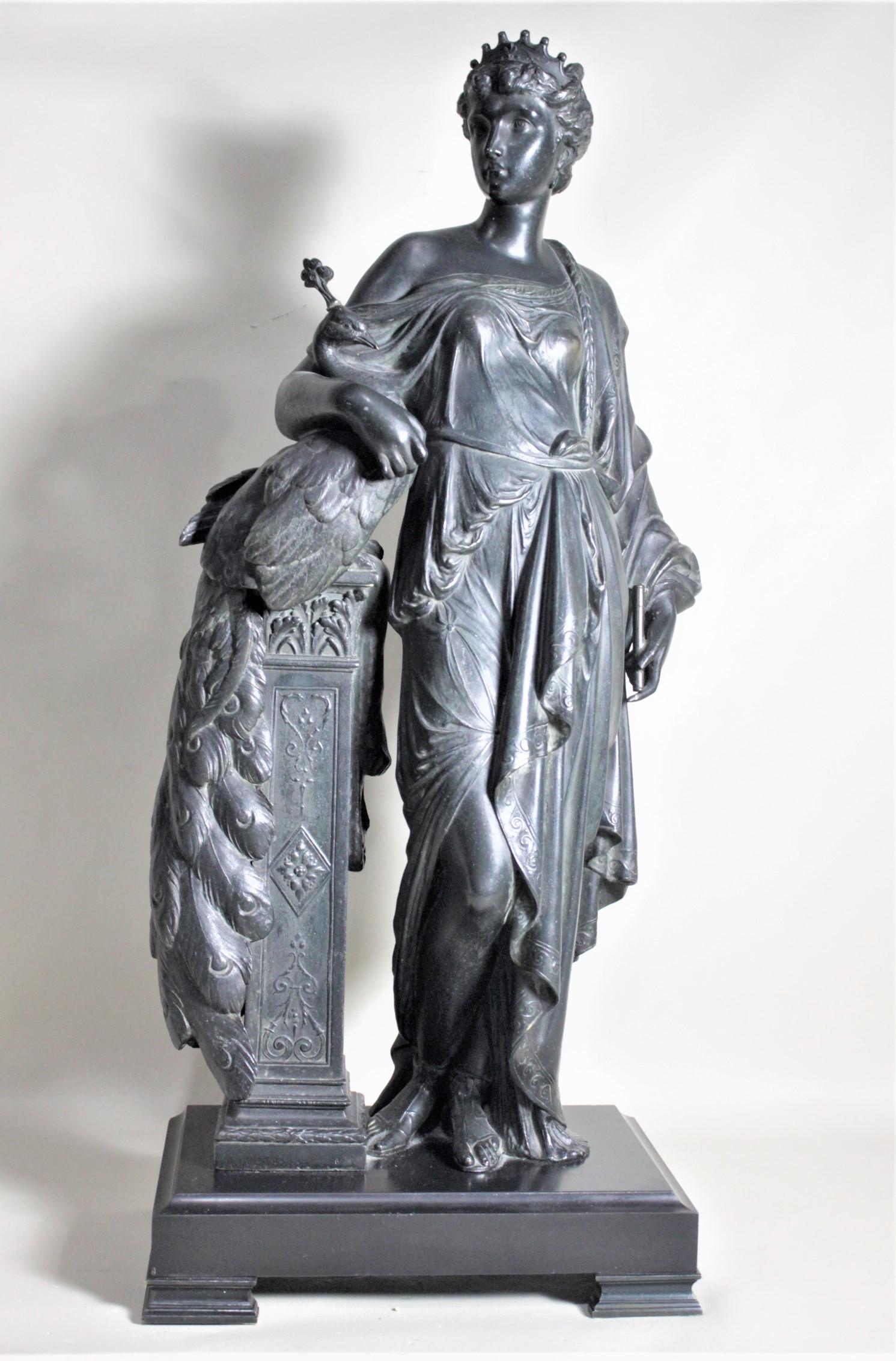 Antique Cast Spelter Neoclassical Woman with a Peacock Sculpture on Marble Base For Sale 6