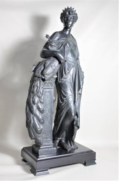 Antique Cast Spelter Neoclassical Woman with a Peacock Sculpture on Marble Base