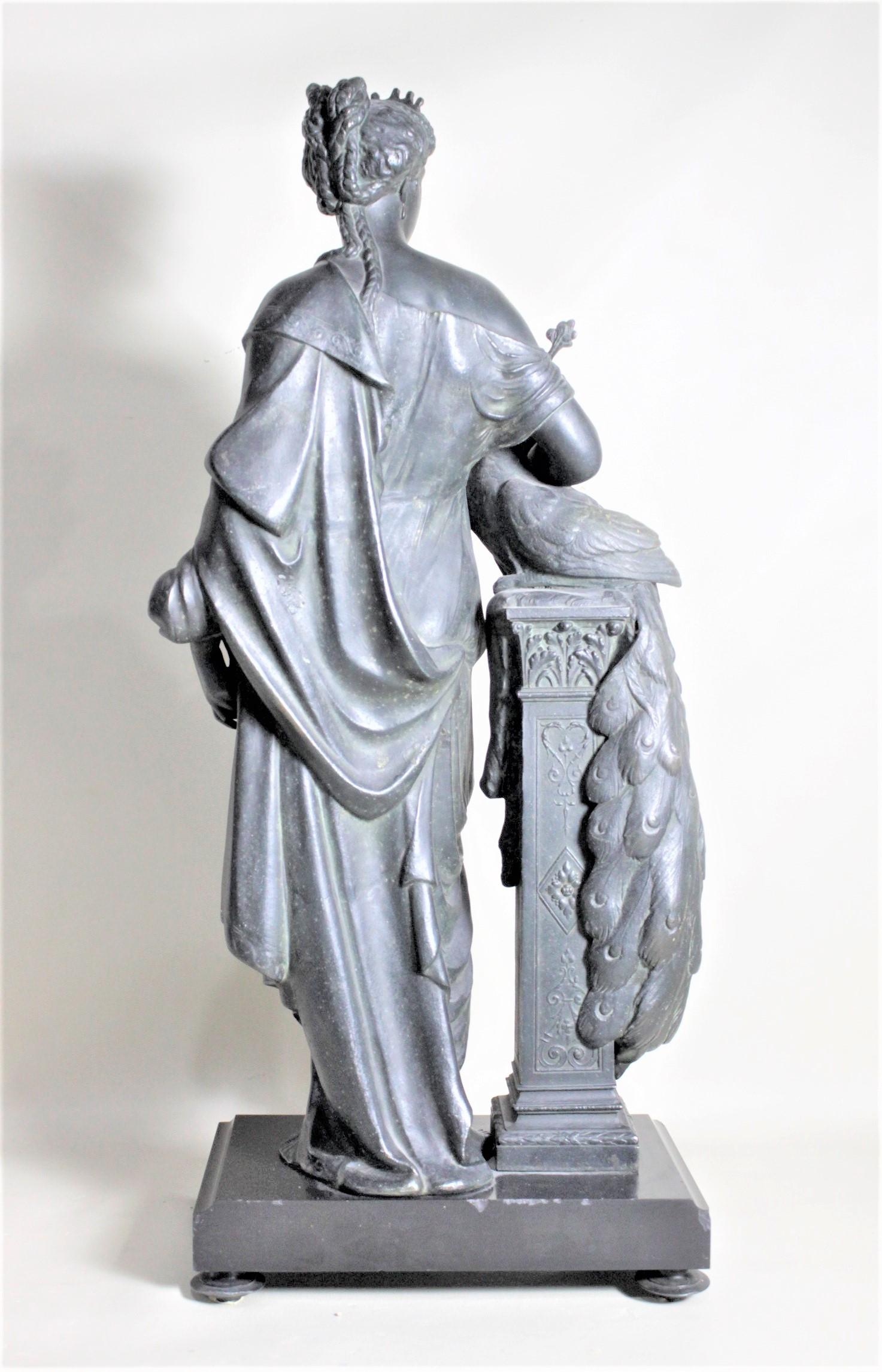 Neoclassical Revival Antique Cast Spelter Neoclassical Woman with a Peacock Sculpture on Marble Base For Sale