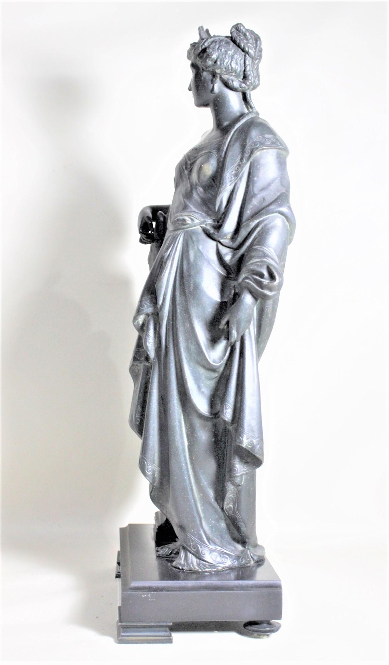 French Antique Cast Spelter Neoclassical Woman with a Peacock Sculpture on Marble Base For Sale