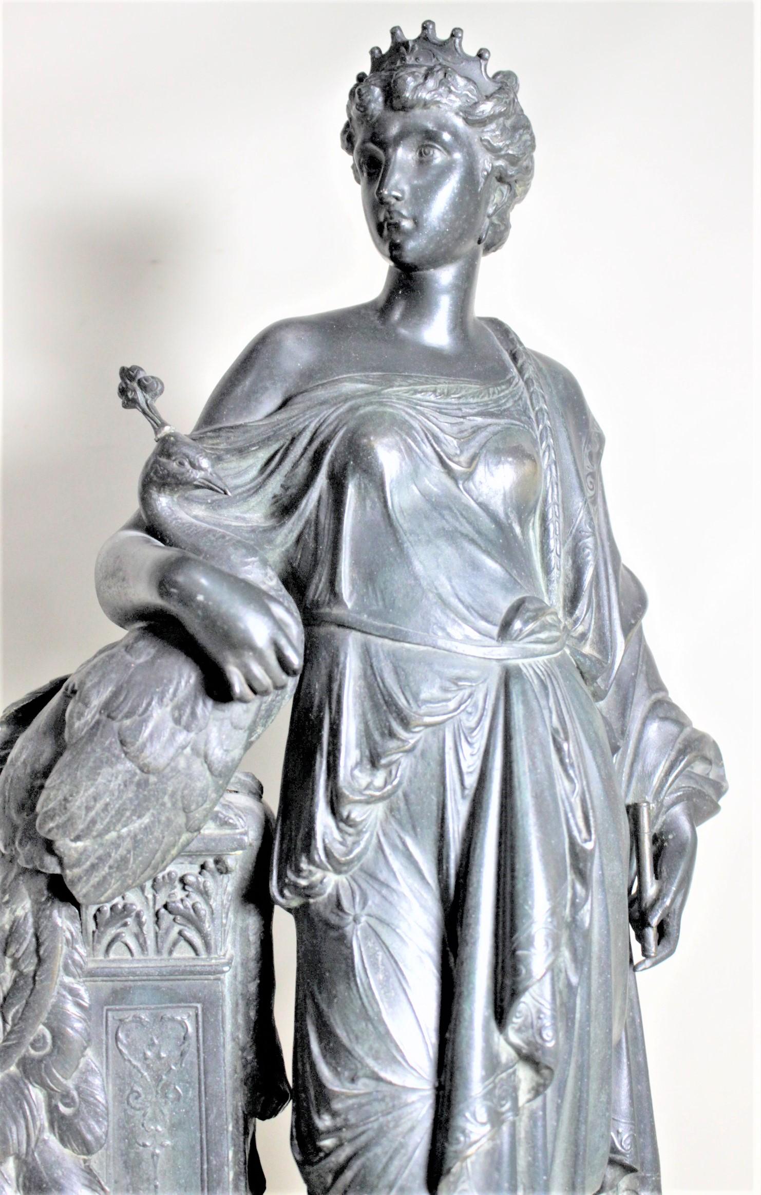 Antique Cast Spelter Neoclassical Woman with a Peacock Sculpture on Marble Base In Good Condition For Sale In Hamilton, Ontario